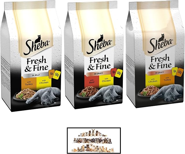 UbiPet Poultry Flavour Sheba Fresh and Fine Wet Cat Food pouches (total of 18 sachets x 50g) Chicken-Turkey-Beef (Jelly and Gravy) Bundled with a Info Allergenic Card