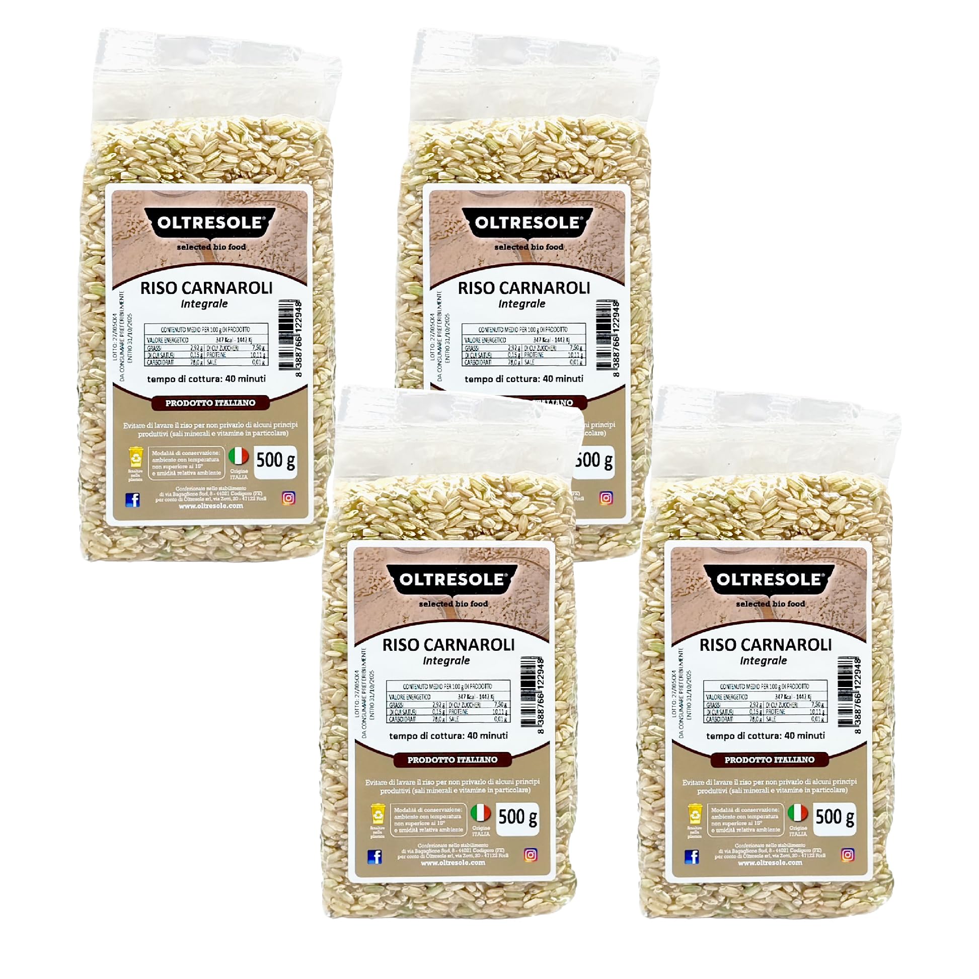 Oltresole, Arroz Carnaroli Artesano Italiano Integral, Arroz sin refinar con alto contenido en fibra, ideal para risottos y ensaladas de arroz, Envase al vacío de 4 x 500 g