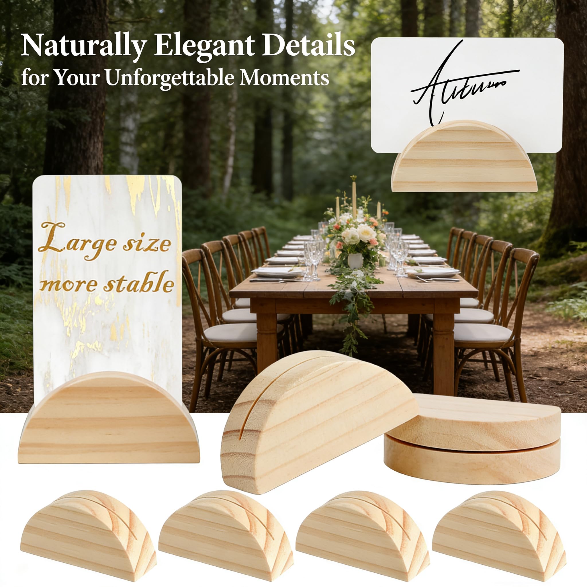 Karida Tischnummernständer aus Holz, rustikal, halbrund, mit 100 weißen Kraftkarten und 100 Klebepunkten, natürliches Kiefernholz, Namenskartenhalter für Hochzeit, Party, Bankett, Restaurant und