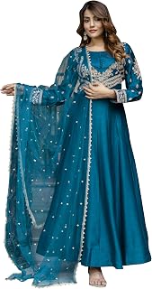 TRENDMALLS Women's Art Silk Embroidery Work Anarkali Kurta Pant with Net Dupatta Set For Women Price In India