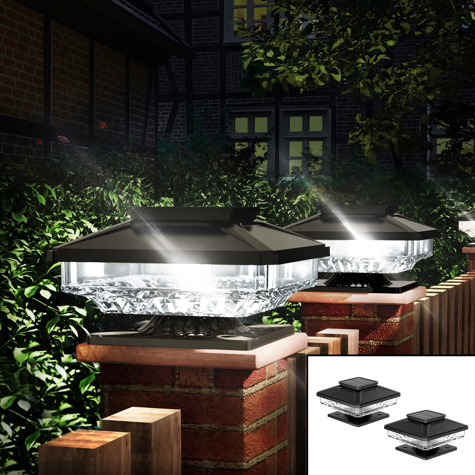 Solar Post Cap Lights 2 Pack,Bright White Solar Post Lights Outdoor Waterproof Fence Post Cap Lights,Outside Post Lights Solar Powered Deck Lights for 4x4 5x5 6x6 Wooden Posts in Garden Decor Black