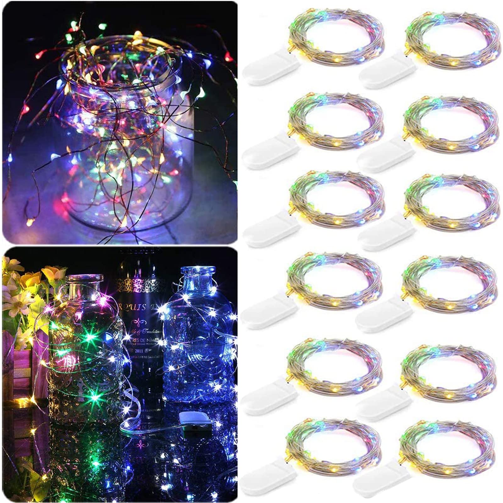 Guezuvoru 12 Pack 6.6 Ft 20 LED Fairy String Lights - Battery Operated, Waterproof Copper Wire, Multicolor Firefly Starry Lights for Christmas Wedding Party Decoration