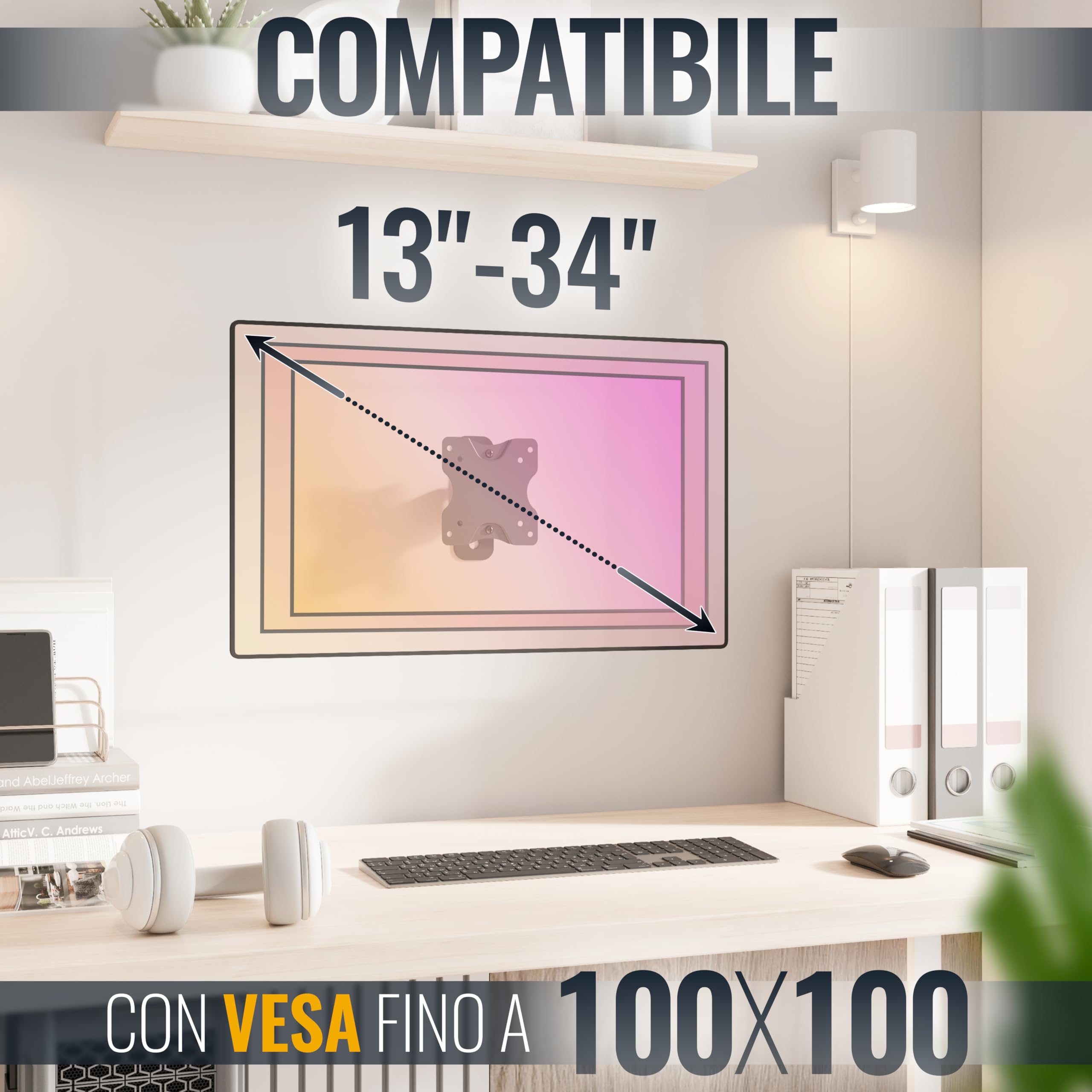 RICOO S3711 Supporto monitor da parete Staffa schermo 13-34 pollici per 13 34 pollici girevole inclinabile fino a 20 kg max VESA 100x100
