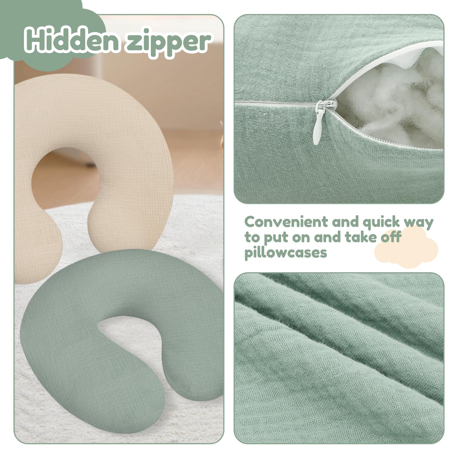 Lot De 2 Housses De Coussin D'allaitement 58x47 Cm – Coton Doux, Fermeture éclair – Lavables – Couleurs Assorties