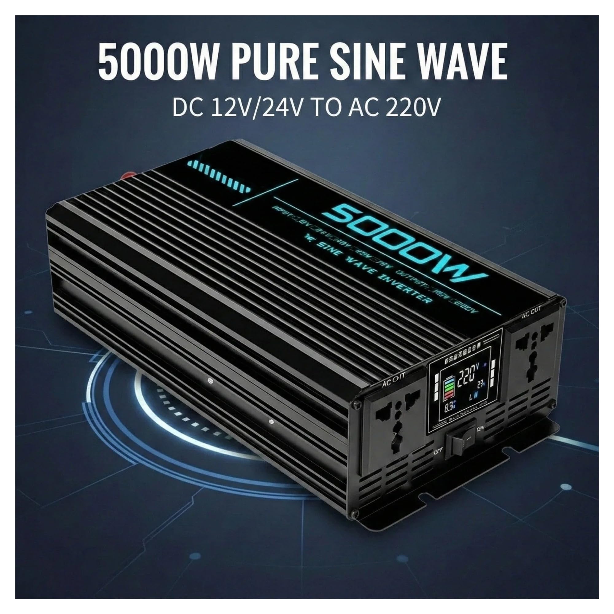 Inversor Corriente Coche Convertidor Corriente Alterna Coche Cargador Solar LCD Inversor Onda Sinusoidal para Pura 12V/24V 220V 1000W 2000W 3000W 4000W 5000W 6000W(12V 220V 1600W)
