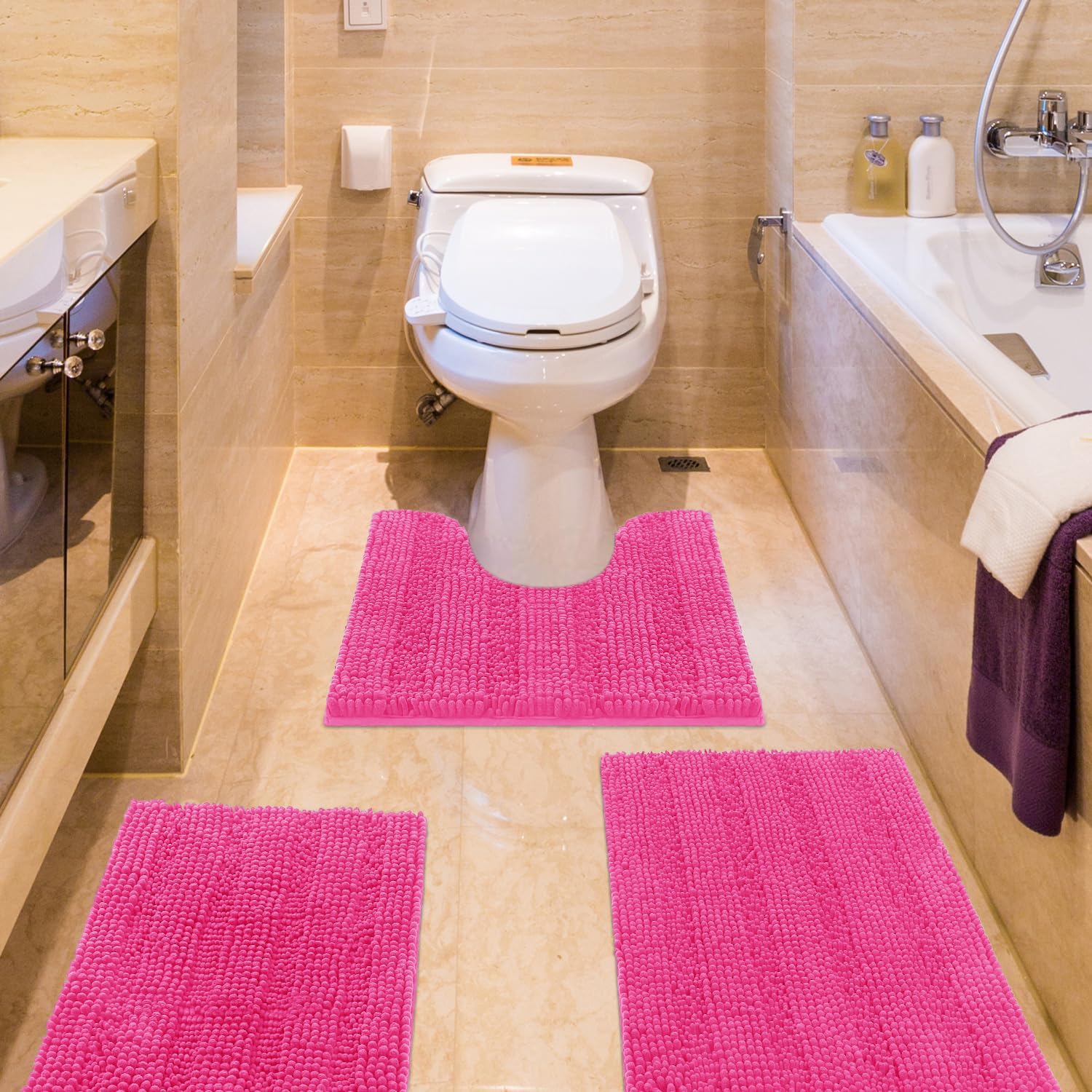 ACCUMTEK Striped Hot Pink Bathroom Rug Set 3 Pieces Ultra Soft, Non Slip Chenille Toilet Mat, Absorbent Plush Shaggy Bath Mats for Bathroom, Bedroom, Kitchen, Peach