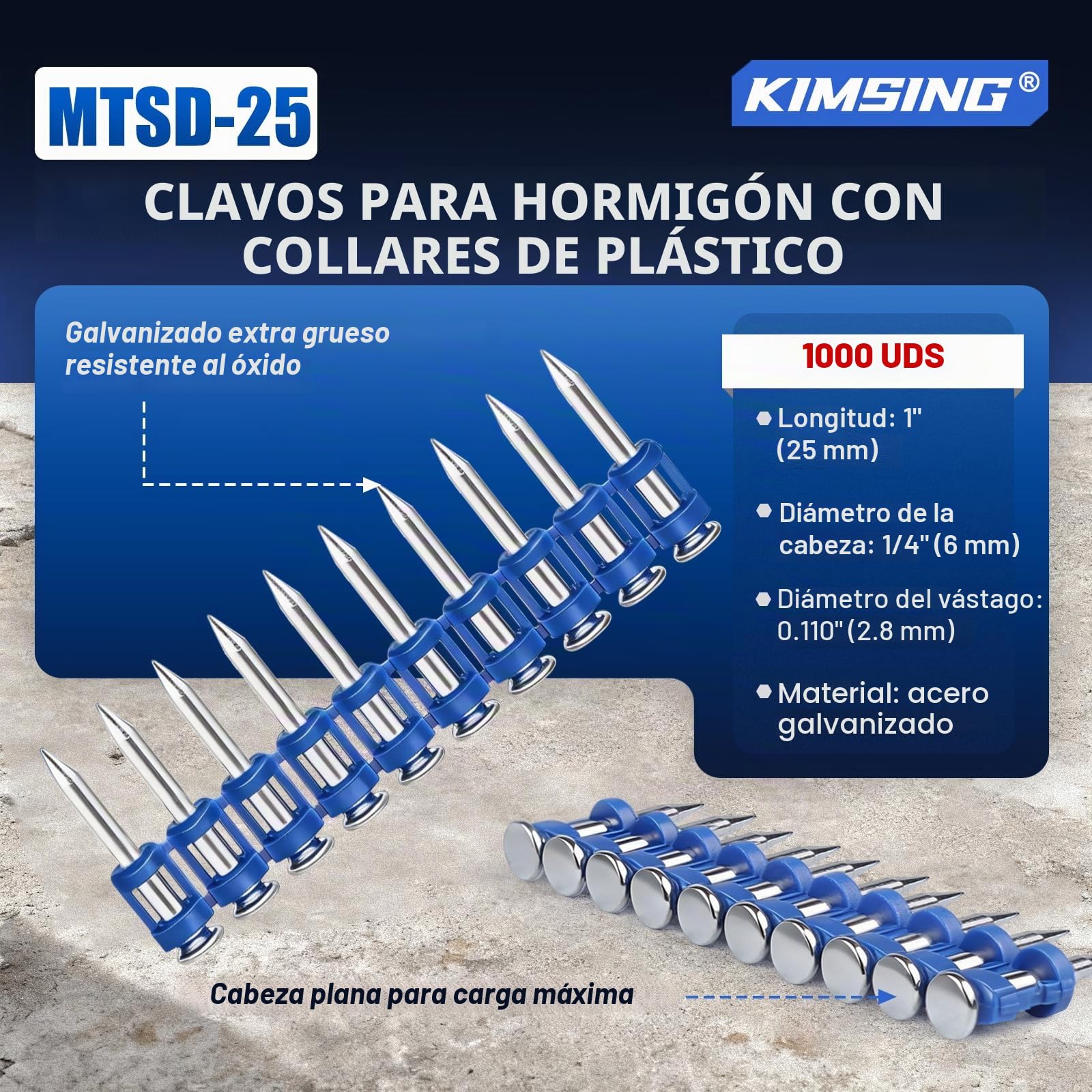KIMSING MTSD-25 12 Calibre 1 pulg. x .109 pulg. mango de plástico liso para hormigón y accionamiento mecánico de acero galvanizado para clavadora de gas, 1000 unidades/caja (1 caja)