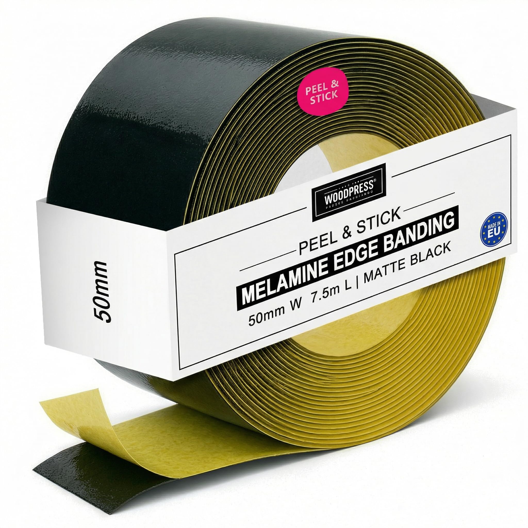 WoodPress® 50mm Matt Black Peel & Stick Edging Tape - 7.5m Self-Adhesive Melamine Trim - Veneer Strip w/Sticky Backing - Easy DIY Fix (No Iron On) Edge Banding for Repair to Worktop, Shelf, Cabinet
