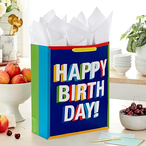 Miniatura 2 de Hallmark Bolsa de regalo de cumpleaños extragrande de 15 pulgadas con papel de seda (feliz cumpleaños, rojo, azul, amarillo, verde) para niños,