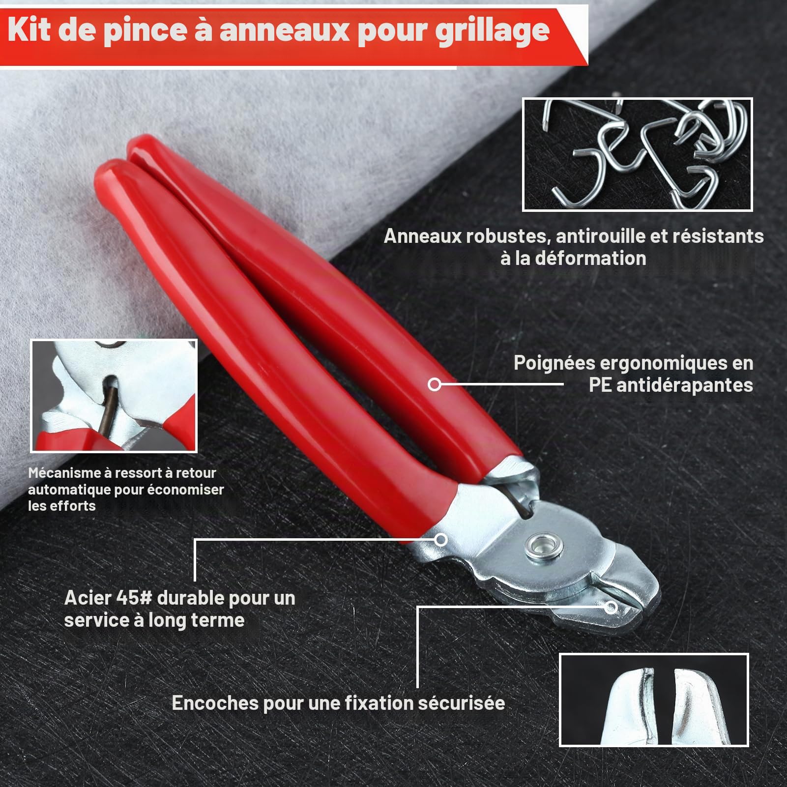 LEONTOOL Kit de 500 pinces à anneaux de porc, anneaux de porc de 1,9 cm, 1,2 cm, 3/8" avec pince à anneau de porc coudée, kit d'installation professionnel pour cages d'animaux domestiques, clôtures,