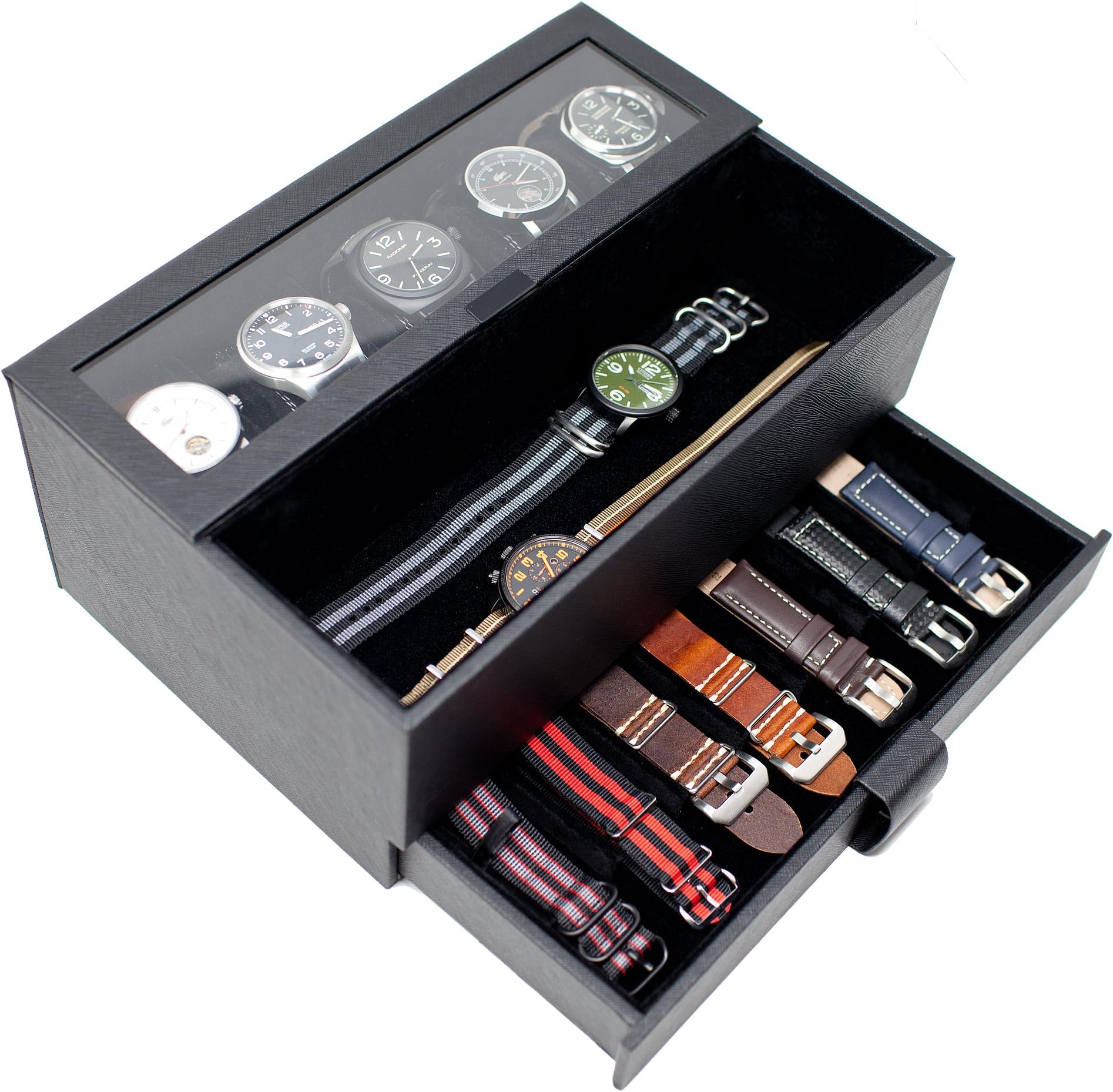 Caddy Bay Collection Watch Box w/Removable Watch Band Display Case & Valet Tray Holds 5 Watches - Black
