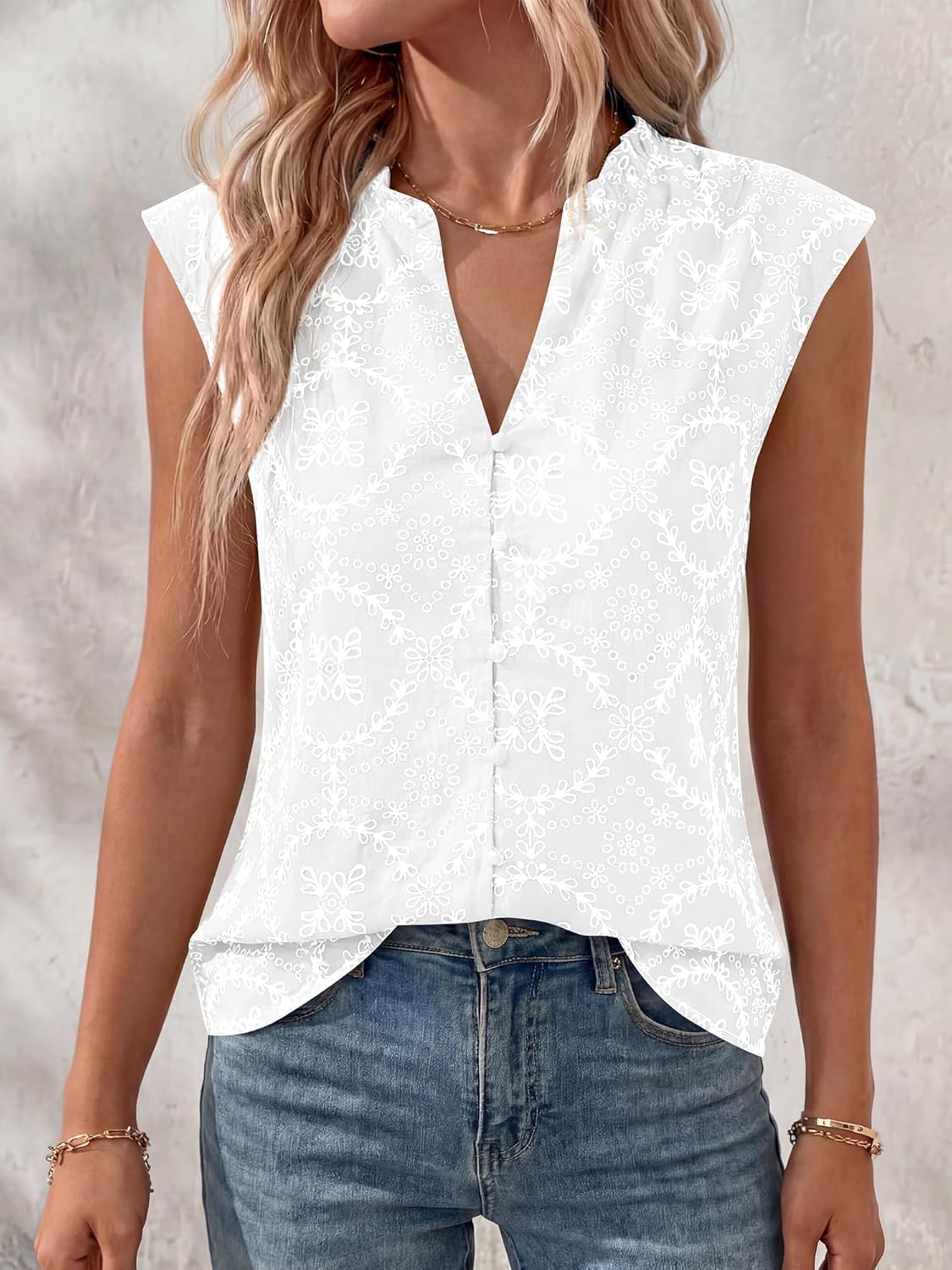 BTFBM Womens Summer Tops Dressy Casual 2026 Floral Eyelet Sleeveless Button Down Shirts Boho Beach Vacation Outfits - Image 3