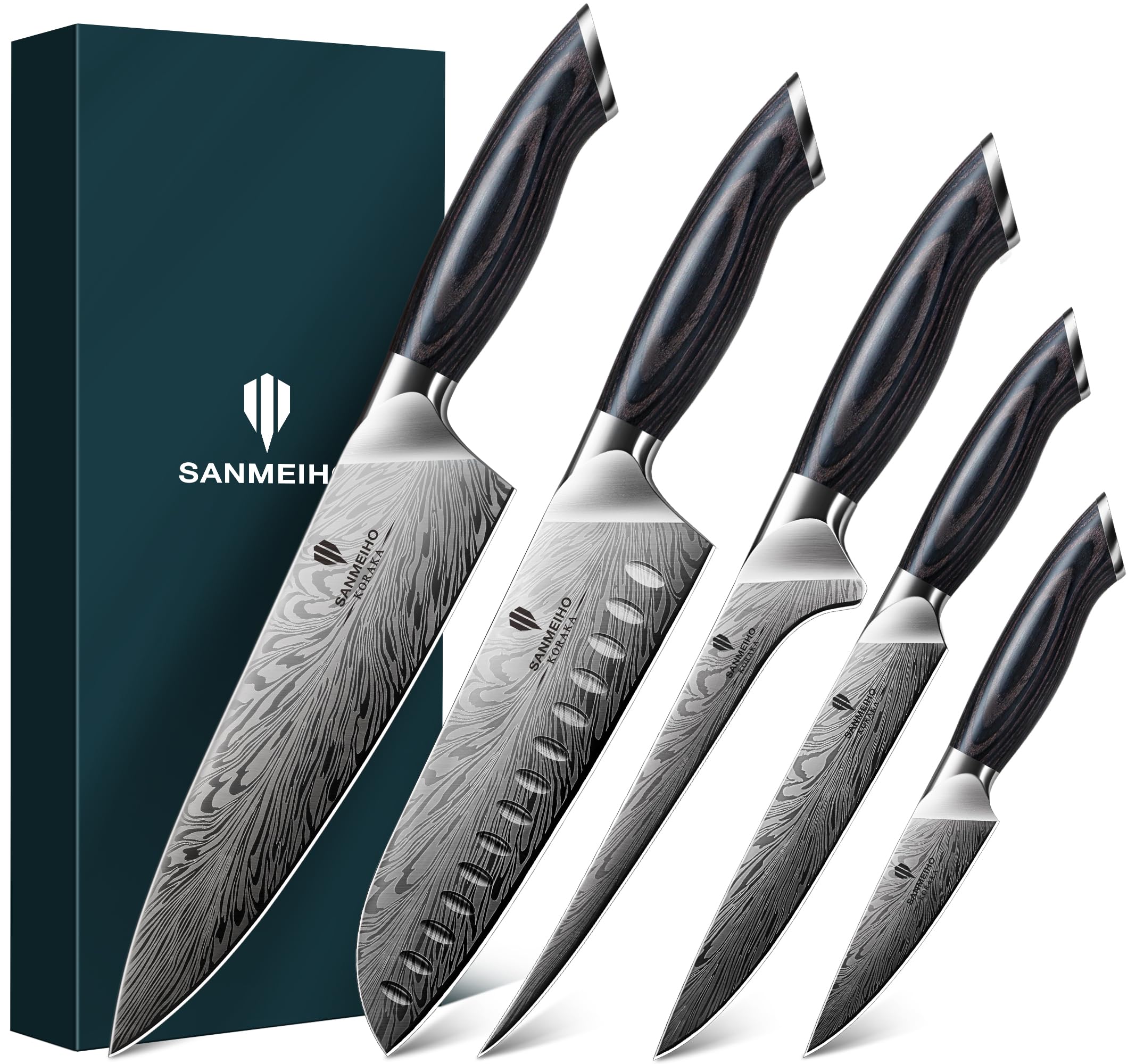 SANMEIHO Juego Cuchillos de Cocina 5 Piezas, Acero en Polvo Japones 63HRC | Set de Cuchillos de Cocina Profesional Ultra Afilados de 12 Grados, Mango de Madera Ergonomico para Carne y Verdura