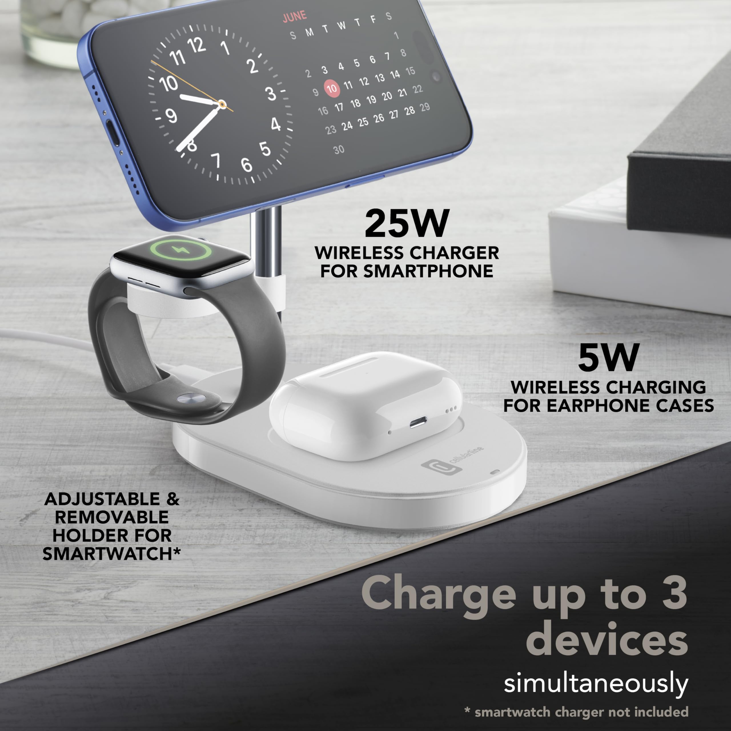 Cellularline MAG TRIO Bezprzewodowa ładowarka magnetyczna - stacja ładująca 25 W 3 W 1 - z certyfikatem Qi2.2 - zasilacz 45 W i kabel USB-C 150 cm w zestawie - biały