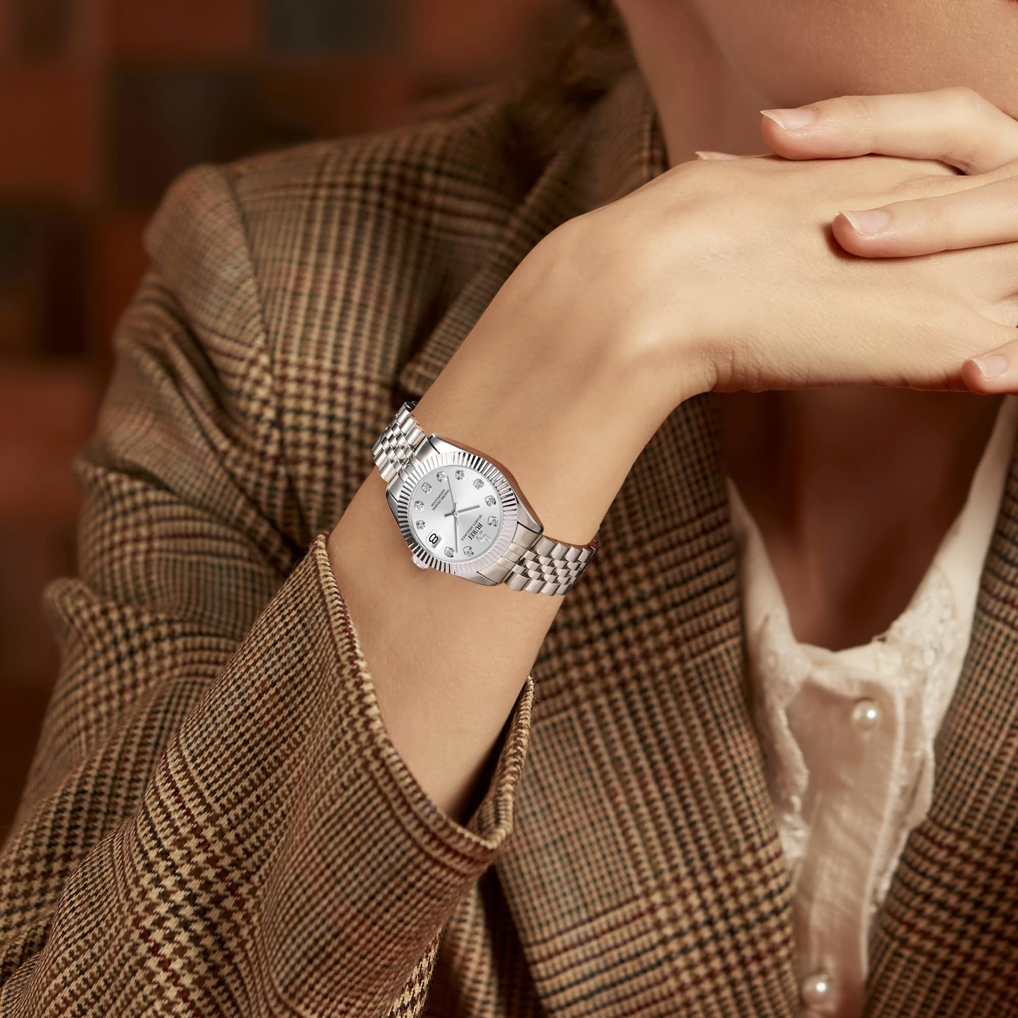 BUREI 36MM Moda Donna Orologio Argento Acciaio Inox Orologio da Polso Analogico al Quarzo con Calendario