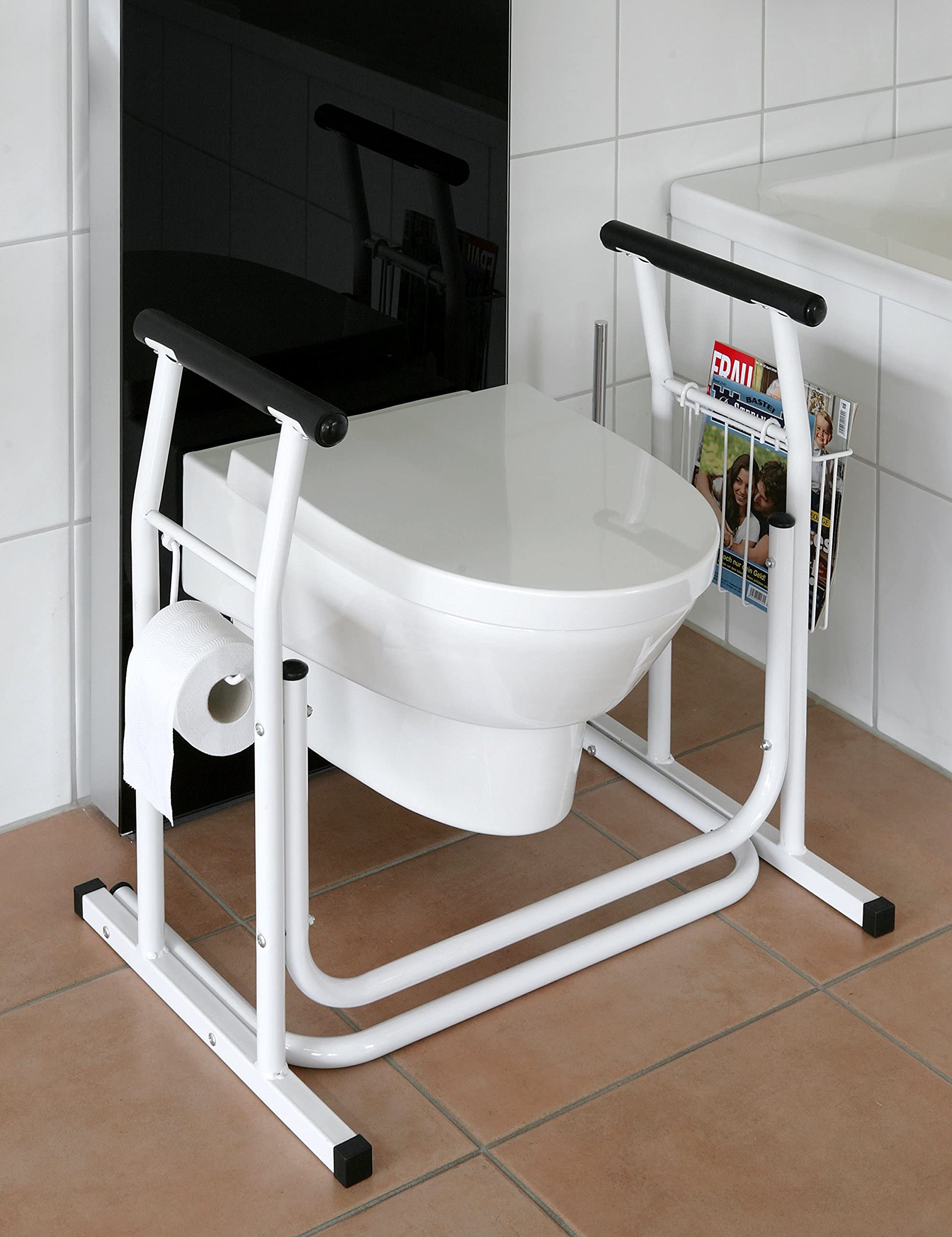 HeRo24 Soporte de inodoro móvil con asa, asa de apoyo para baño y aseo, ayuda segura para personas mayores y cuidados, incluye calzador (70 cm)