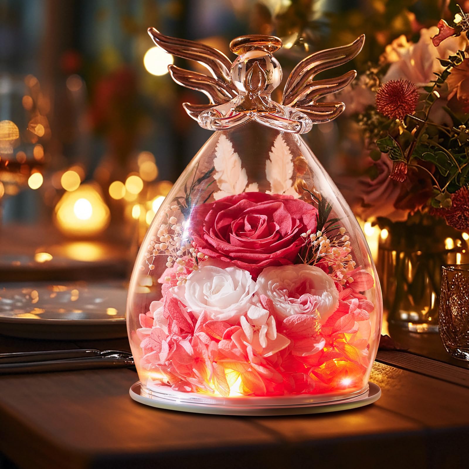 Touloube Festa della Mamma Rosa Stabilizzata Vera Regalo, Regalo Rosa Eterna con Angelo e Luci LED, Regalo Compleanno Anniversario San Valentino per Fidanzata, Moglie, Mamma, Donna, Madre, Nonna