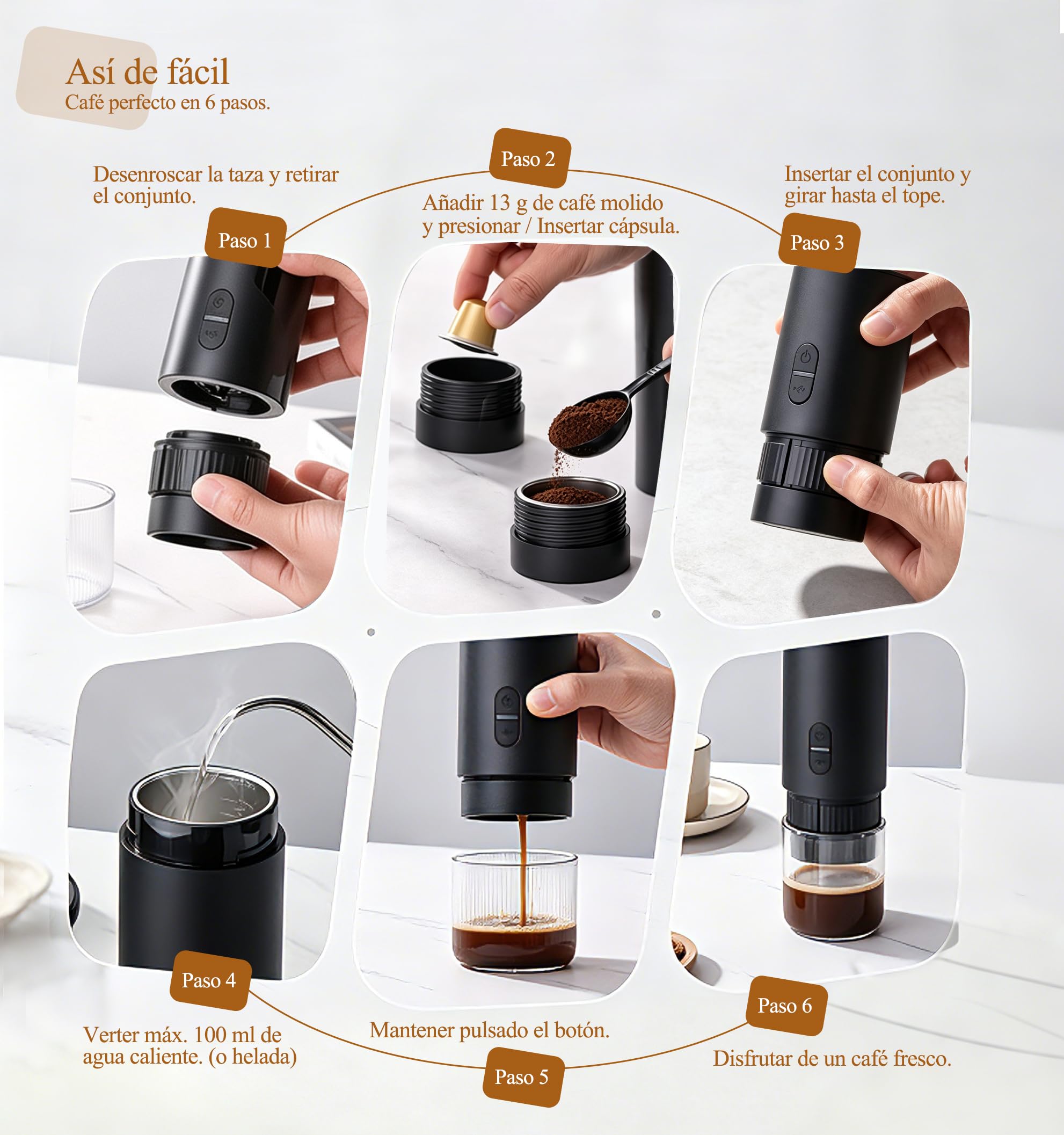 Cafetera espresso eléctrica portátil, para café molido y cápsulas | Cafetera de viaje 2 en 1, presión 20 bares, recarga USB-C, diseño compacto, para camping, coche y picnic