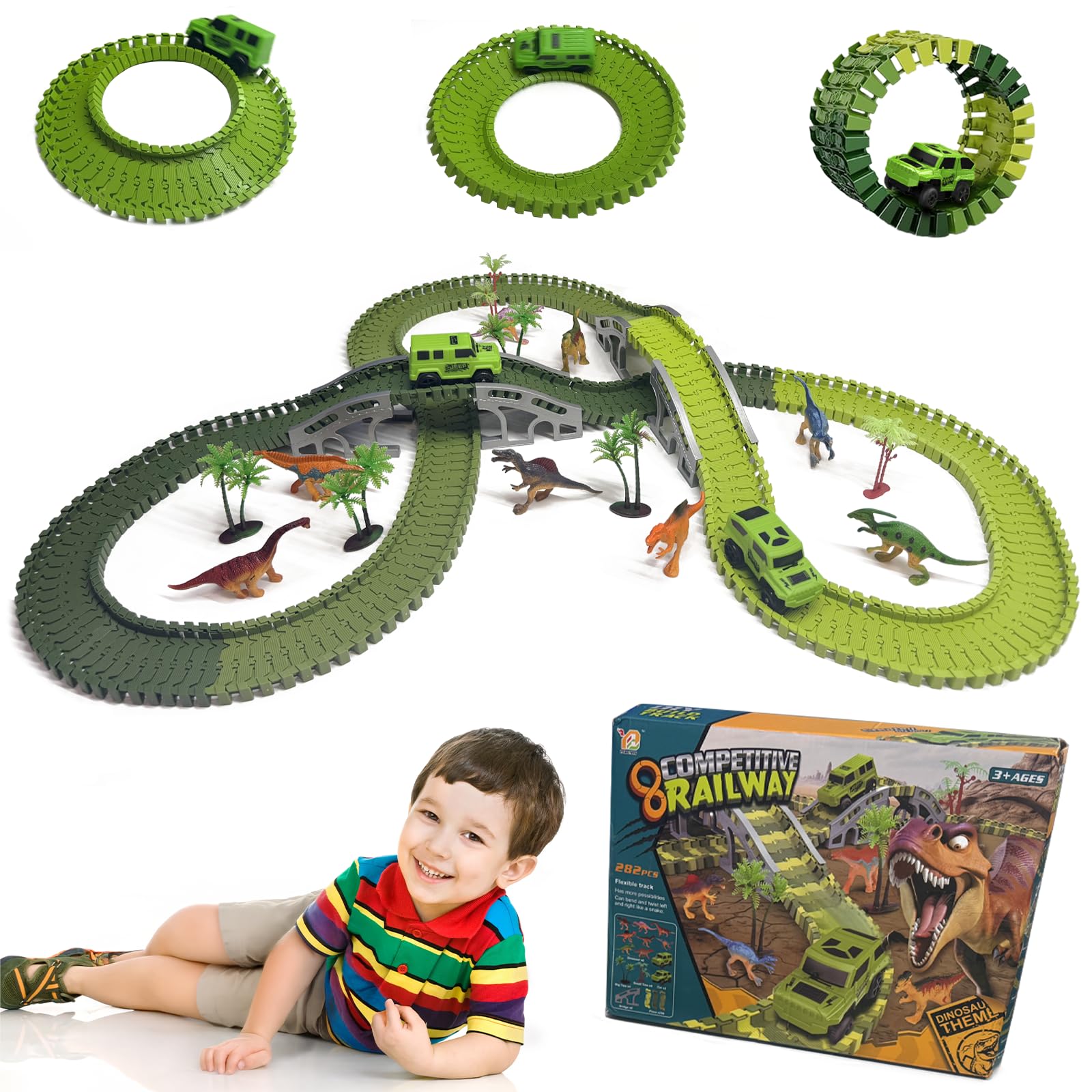 Rensinnoal 282pcs Dinosaur Race Track Car Toys for Kids, Flexible Track Playset with 2 Cars 8 Dinosaur Models, A Dinosaur World Road Race Gifts for 3 4 5 6 Year Old Boys Girls