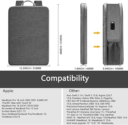 Miniatura 2 de Mochila delgada y expandible para laptop de 15 15.6 y 16 pulgadas con puerto USB, funda resistente a derrames para la mayoría de computadoras