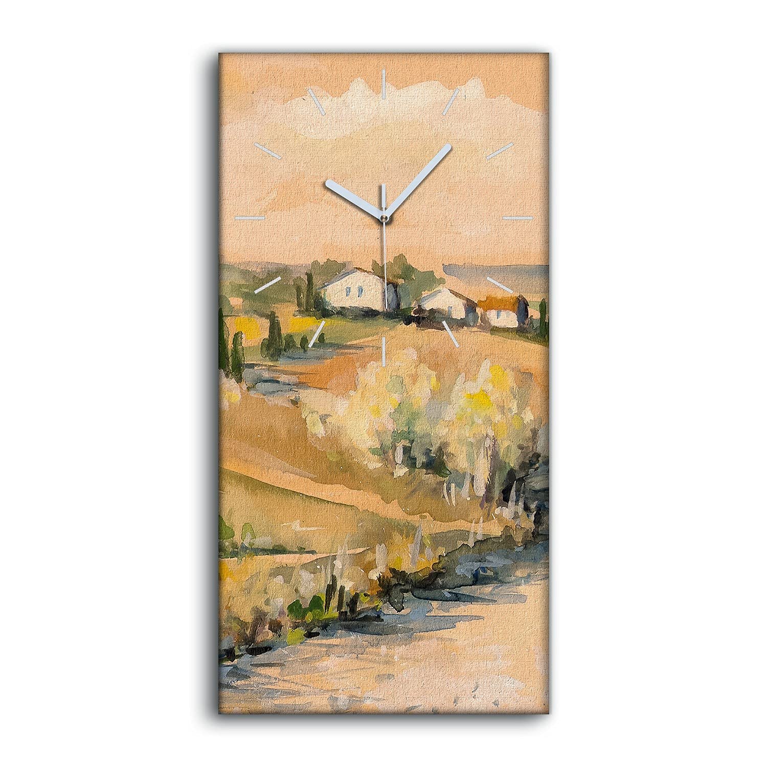 Horloge sur toile 30x60cm campagne toscane aquarelle silencieuse pour salon