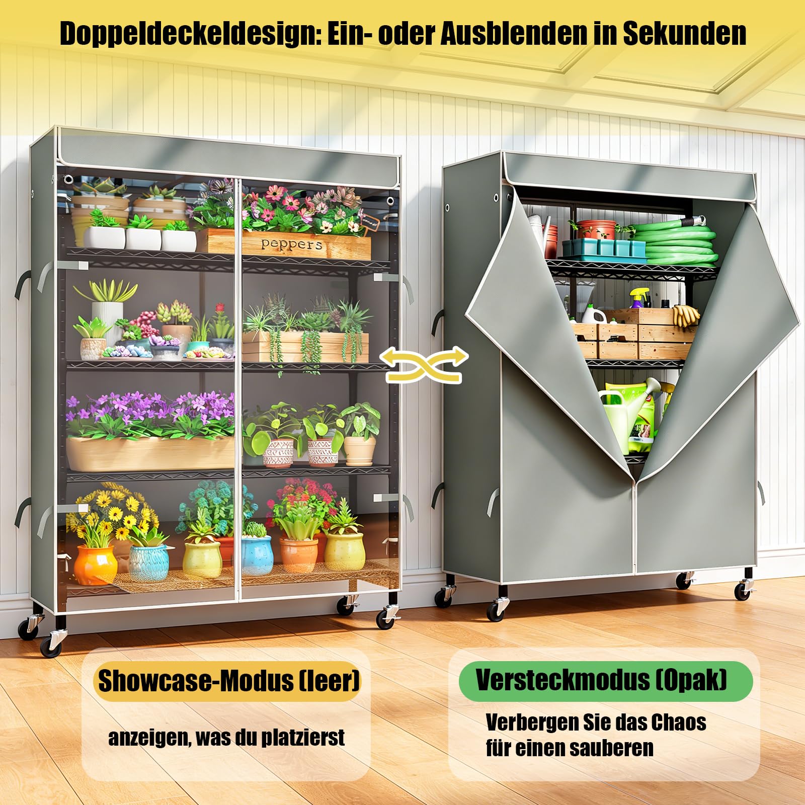 KZOBYD Scaffale alto 185 cm con copertura e ruote, scaffale in metallo resistente a 5 ripiani, scaffale in metallo con ripiani regolabili, scaffale portaoggetti per cucina e garage