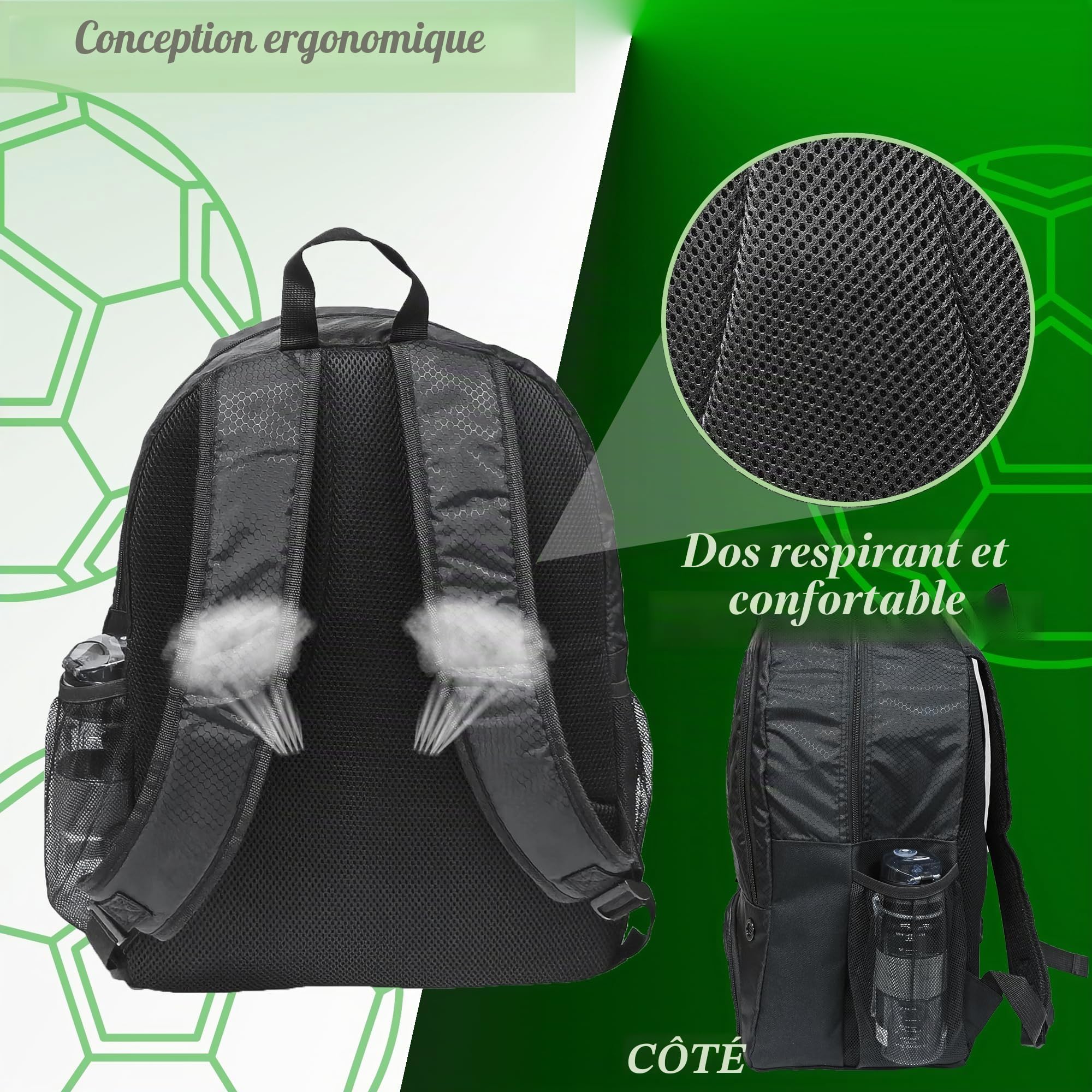 Sac à Dos pour Ballon de Football, Basketball, Football, Volley-Ball, Sac de Sport avec Crampons séparés et Compartiment pour Ballon et Pochette intérieure pour Ordinateur