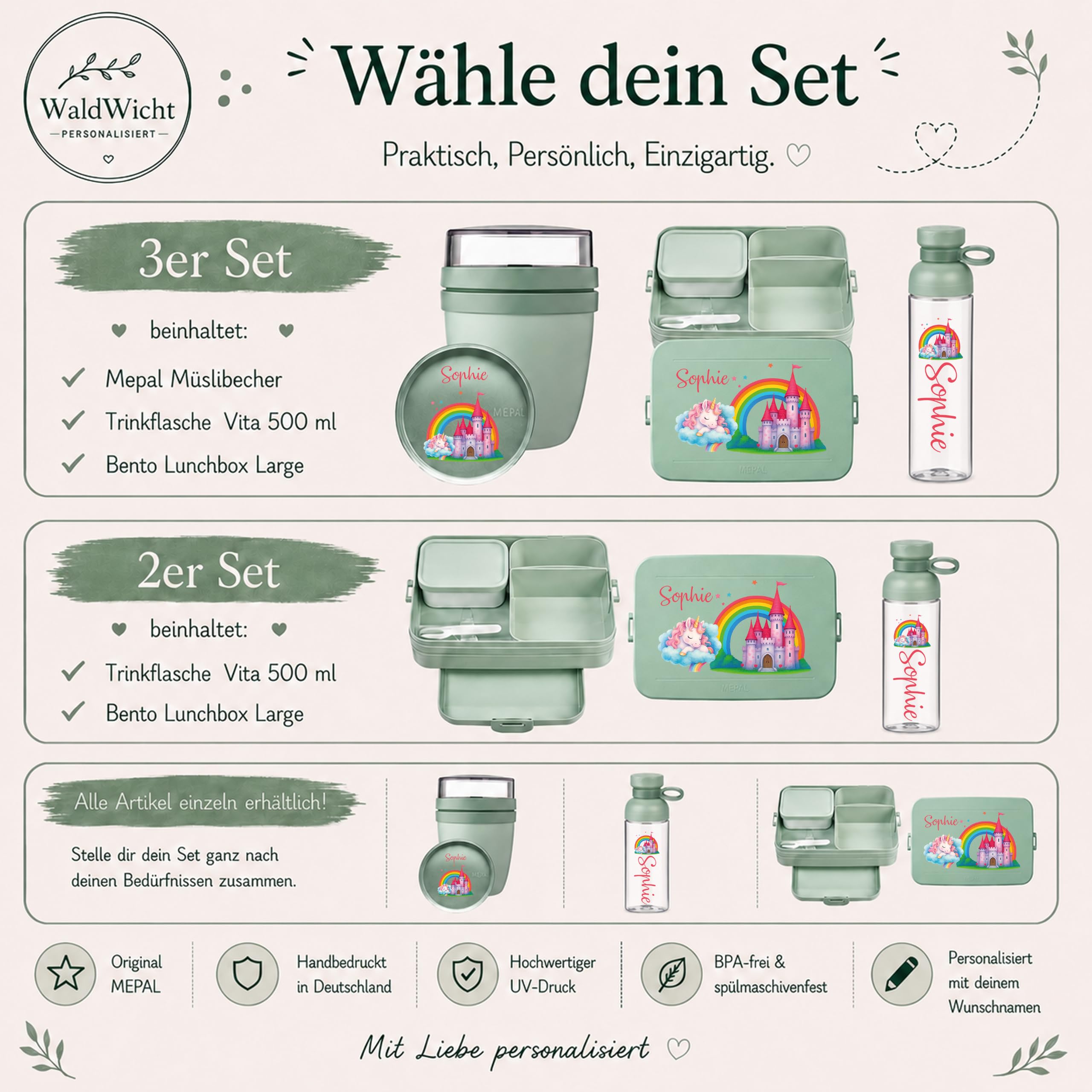 Mepal Personalisierte Brotdose Trinkflasche | Schloss Einhorn Regenbogen