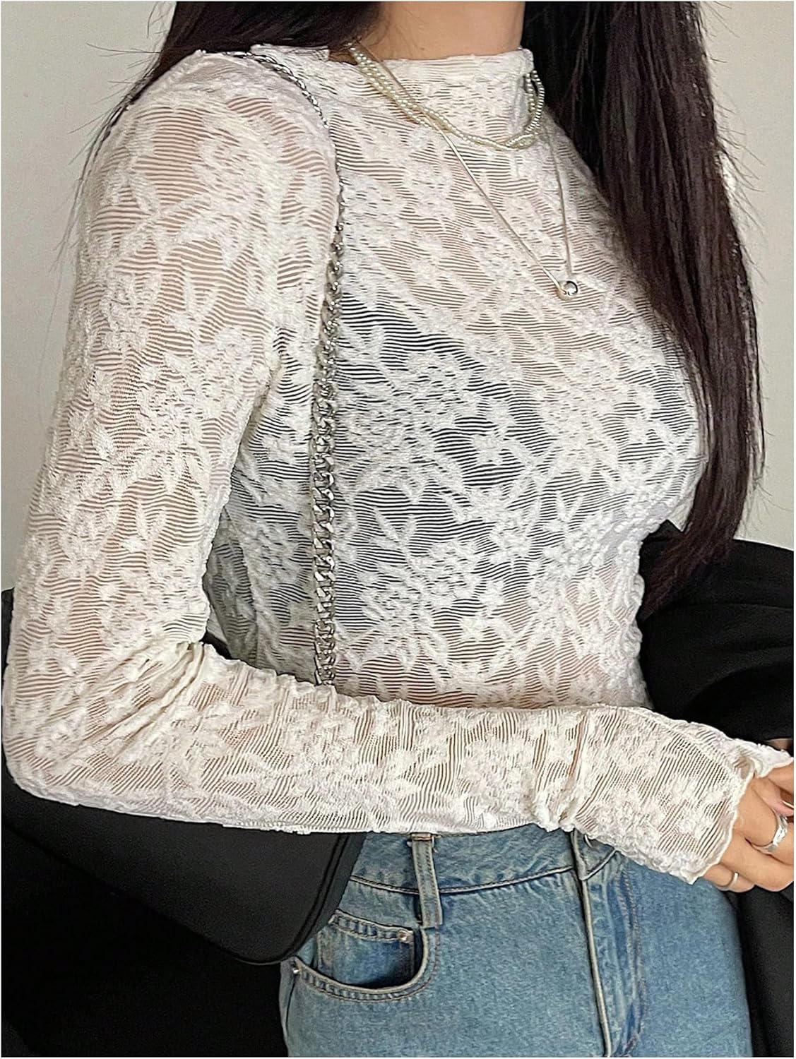 OYOANGLE Women's Floral Lace Mesh Long Sleeve Tshirt Mock Neck Slim Fitted See Through Sheer Tops - Image 4