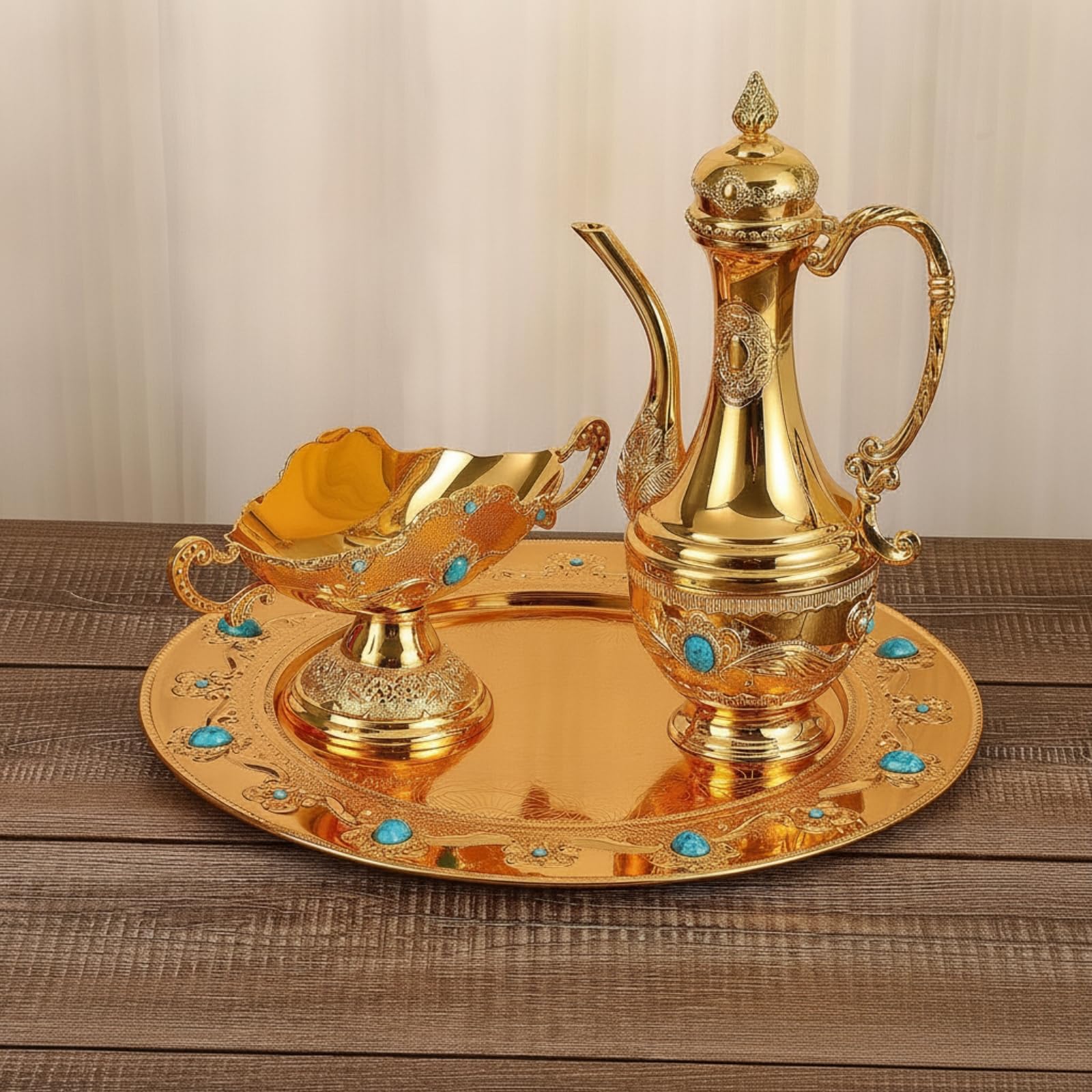 Jarra Tapada Centro Espejado Set Ornamental Estilo Tradicional Bandeja Redonda para Servir Bebidas, Dorado