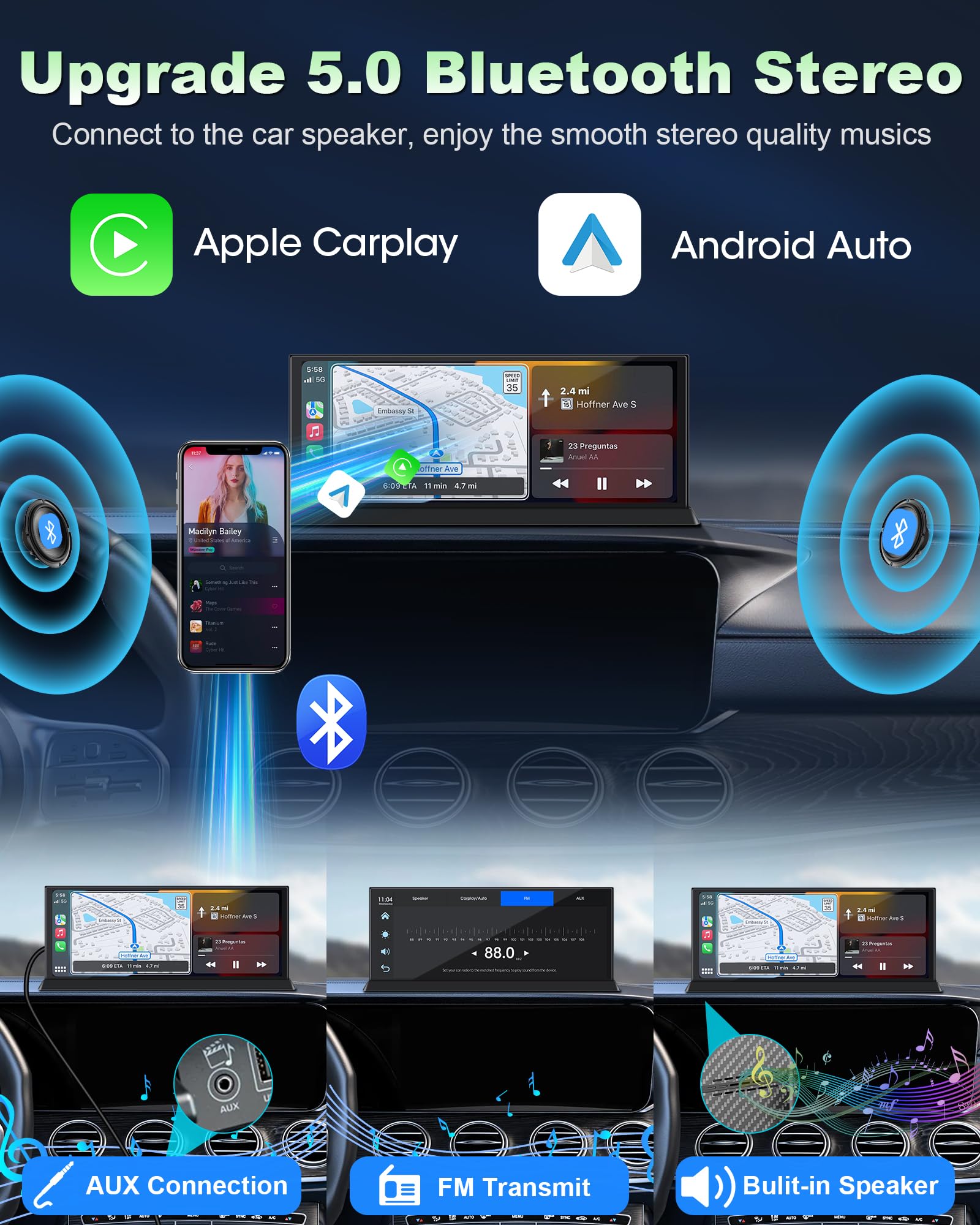 Exclusividad Pantalla Carplay Android Auto Coche de 11,3 Pulgadas con Soporte Estable, Pantalla Car Play Coche con Doble Navegador GPS Bluetooth Siri/GOO-gle para Auto Caravanas