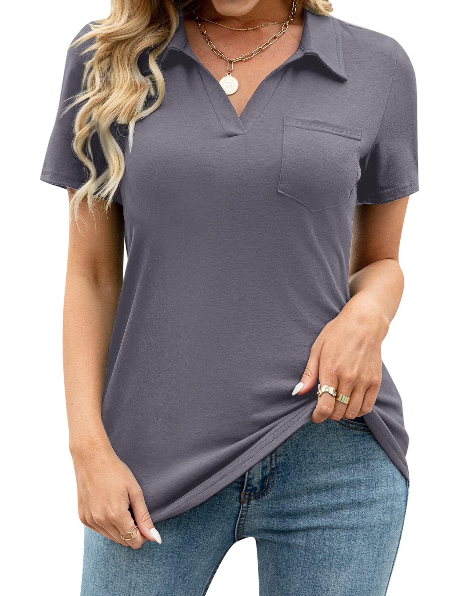 RIROW Womens V Neck Polo Shirts Short Sleeve Collared Tops Loose Casual Pocket Tunic 2024 New