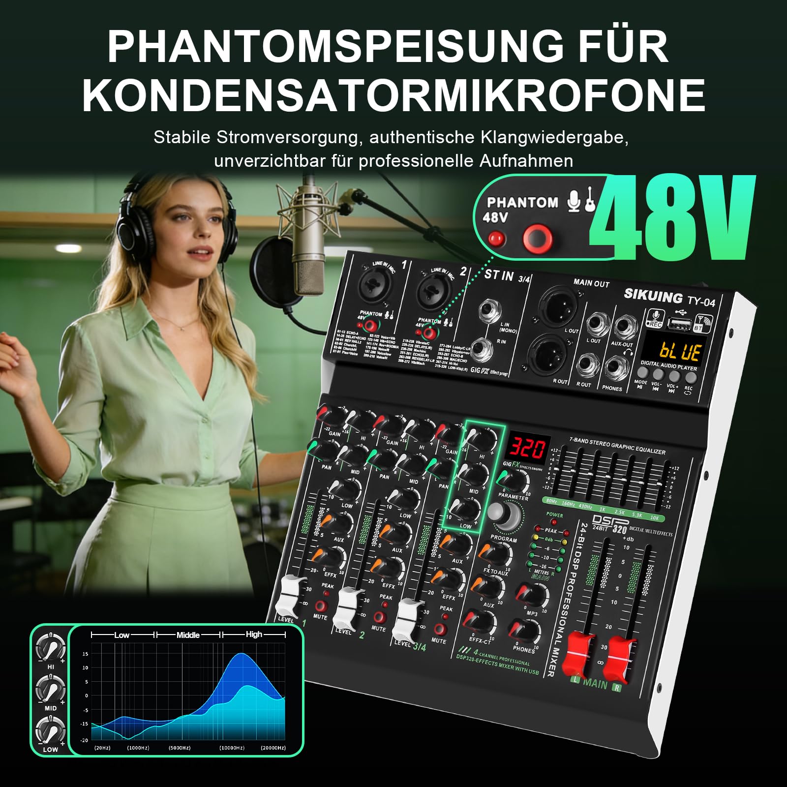 Mixer portatile a 4 canali, mixer audio professionale, 320 effetti DSP + equalizzatore a 7 bande, scheda audio Bluetooth + interfaccia USB, ideale per registrazioni PC, effetti karaoke studio e