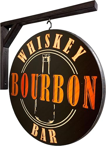 Letrero de whisky Bourbon Pub – 15 pulgadas de diámetro – doble cara – Incluye soporte de madera para colgar – Solo para uso en interiores