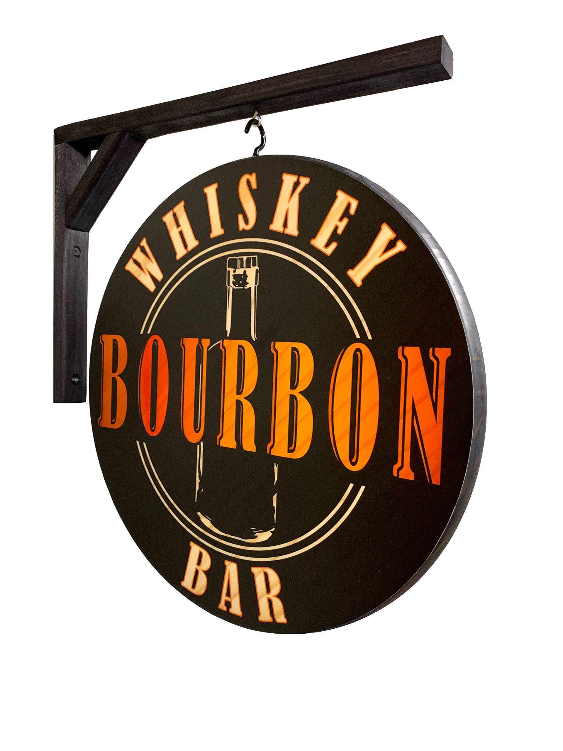 Whiskey Bourbon Pub Sign - 15 inch diameter - double sided - Includes wood hanging bracket - INDOOR USE ONLY
