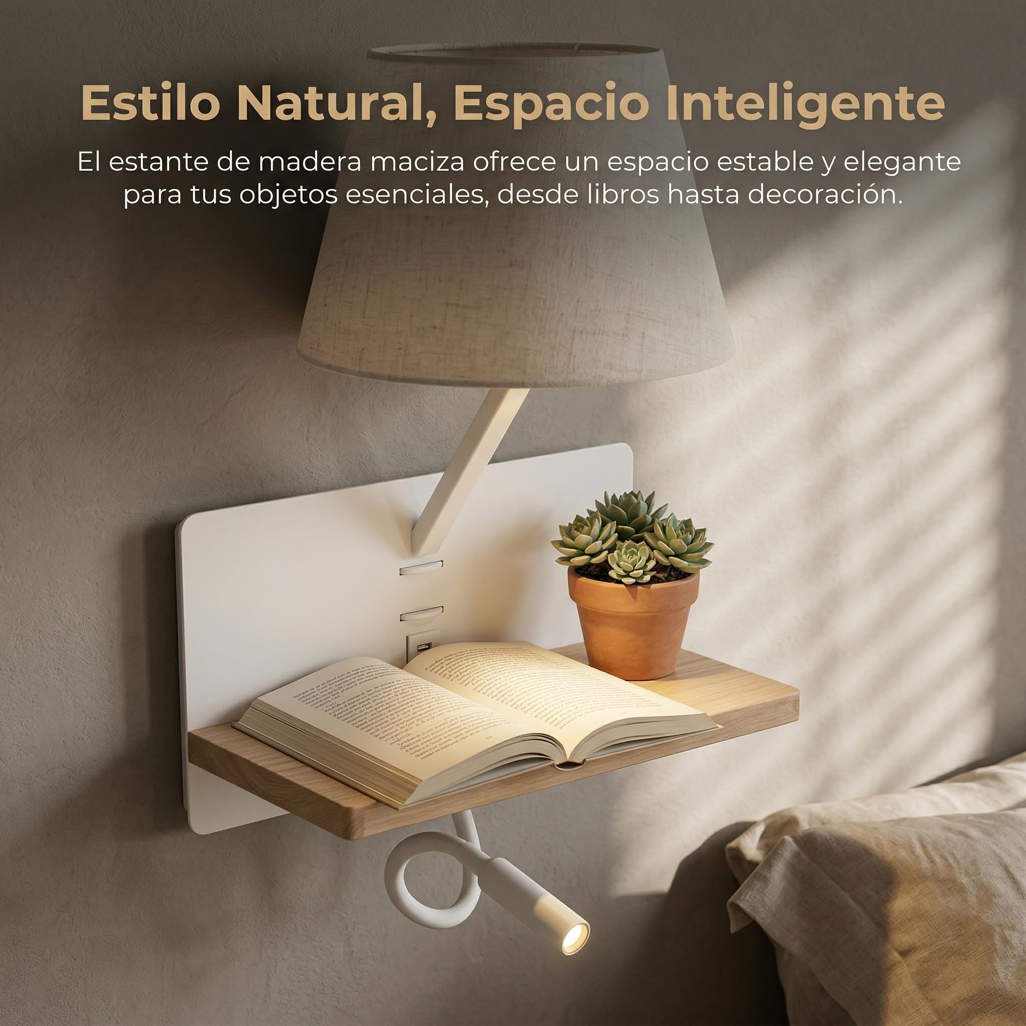BARCELONA LED applique da parete con paralume in tessuto BEIGE, USB e USB-C ricarica, mensola in legno, luce lettura LED E27, stile naturale retrò industrial moderno minimalista classico camera