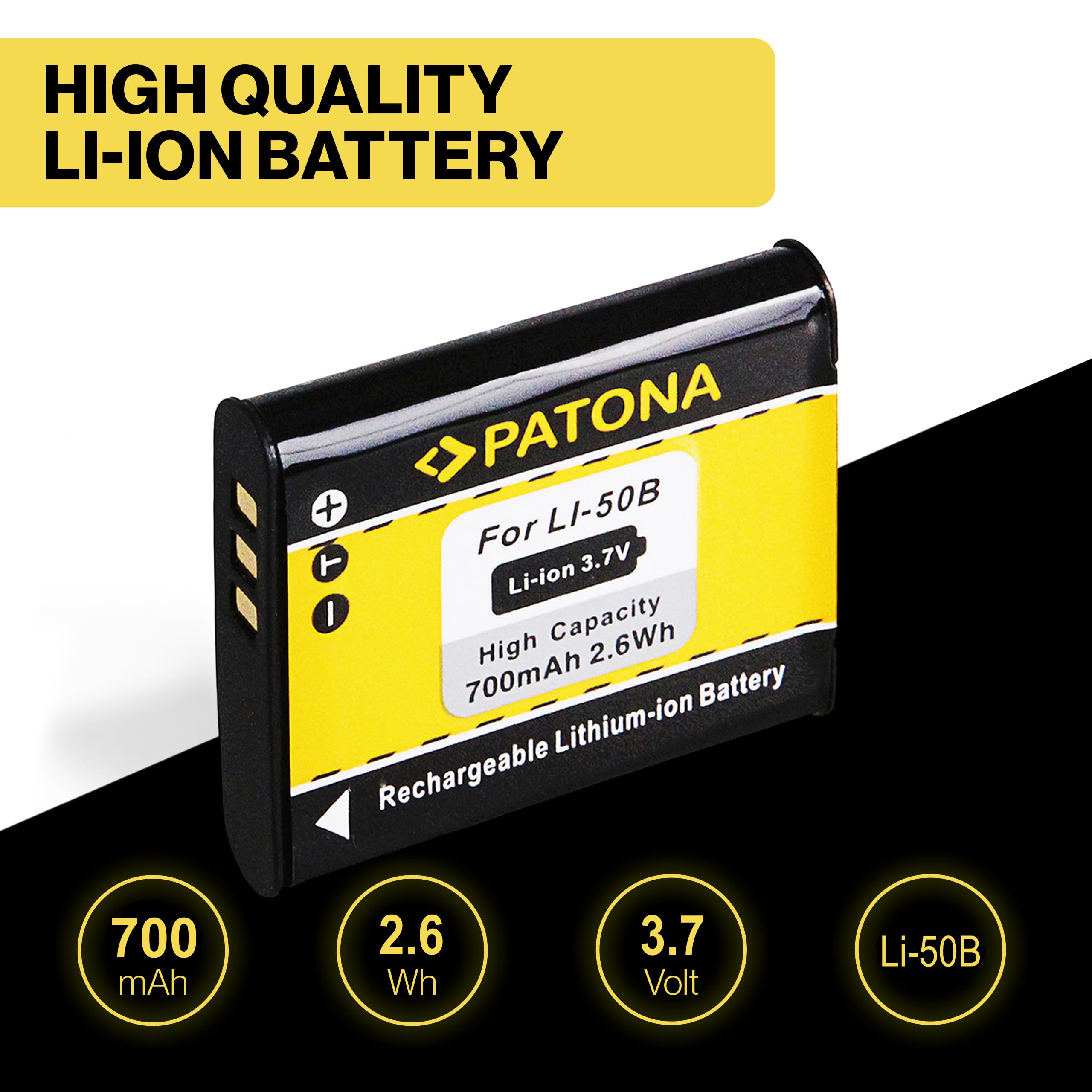 PATONA Li-50B Batteria 700mAh compatibile con Olympus mju 1010 1020 1030 SW 9000 9010 Tough 6000 6010 6020 8000 8010 SZ10 SZ11 SZ14 TG2 TG630 Pentax WG1 RX18 Li50B Ricoh DB-100 Pentax DLi92