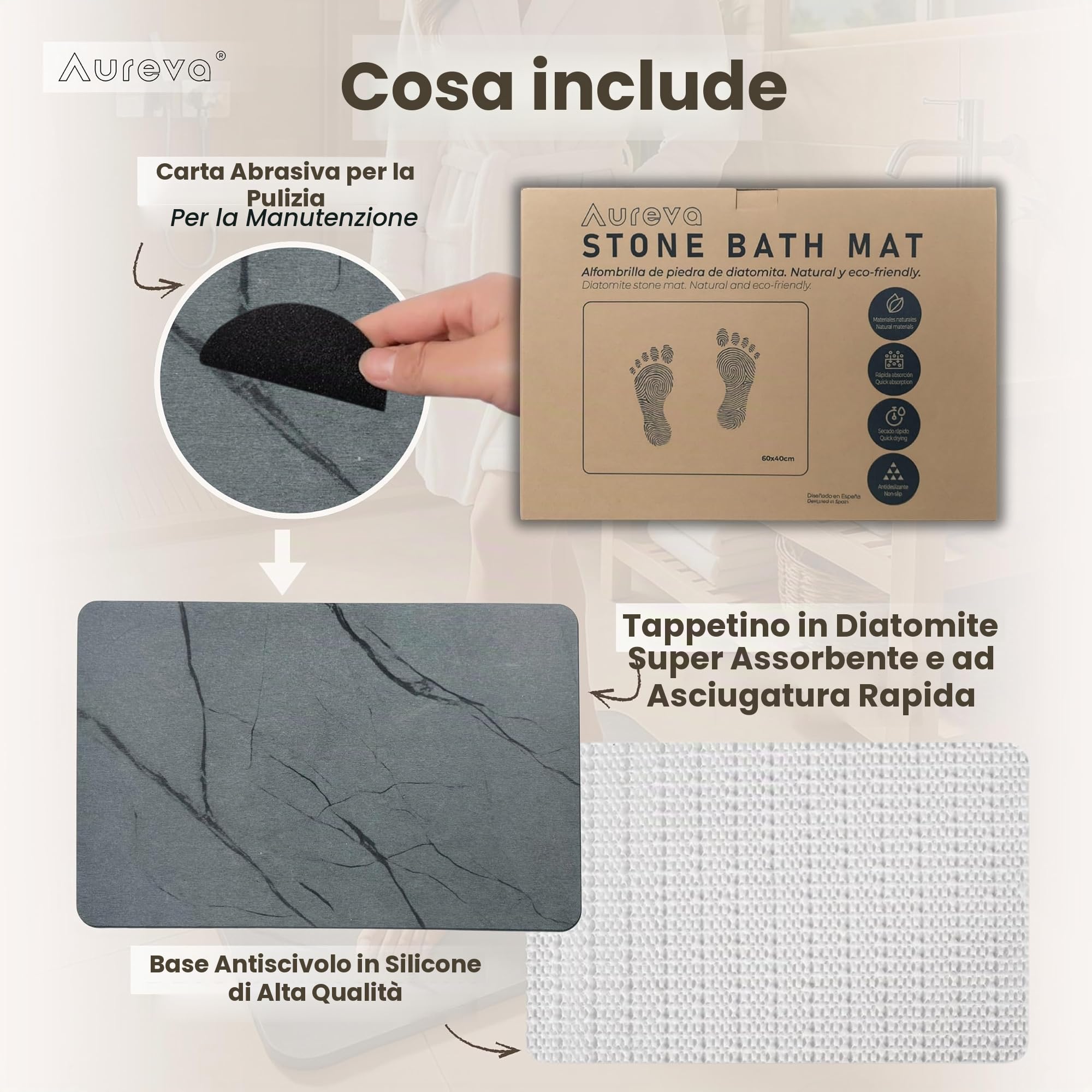 Tappeto Diatomite Bagno 60 x 40 cm - Asciugatura rapida, antiscivolo e antibatterico - Tappetino da bagno - Pietra diatomite bagno - Stone Bath Mat - Tappeto doccia - anche come scolapiatti cucina