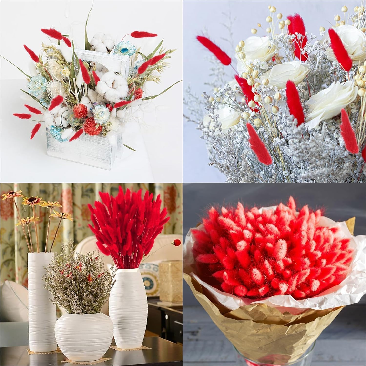 HUAESIN 120PCS Fiori Secchi Coda di Coniglio Erba della Pampas Naturali Bouquet Fiori di Pampas Erba Coda di Coniglio Rosso Pampas Decorative Secche per Casa Tavolo Festa