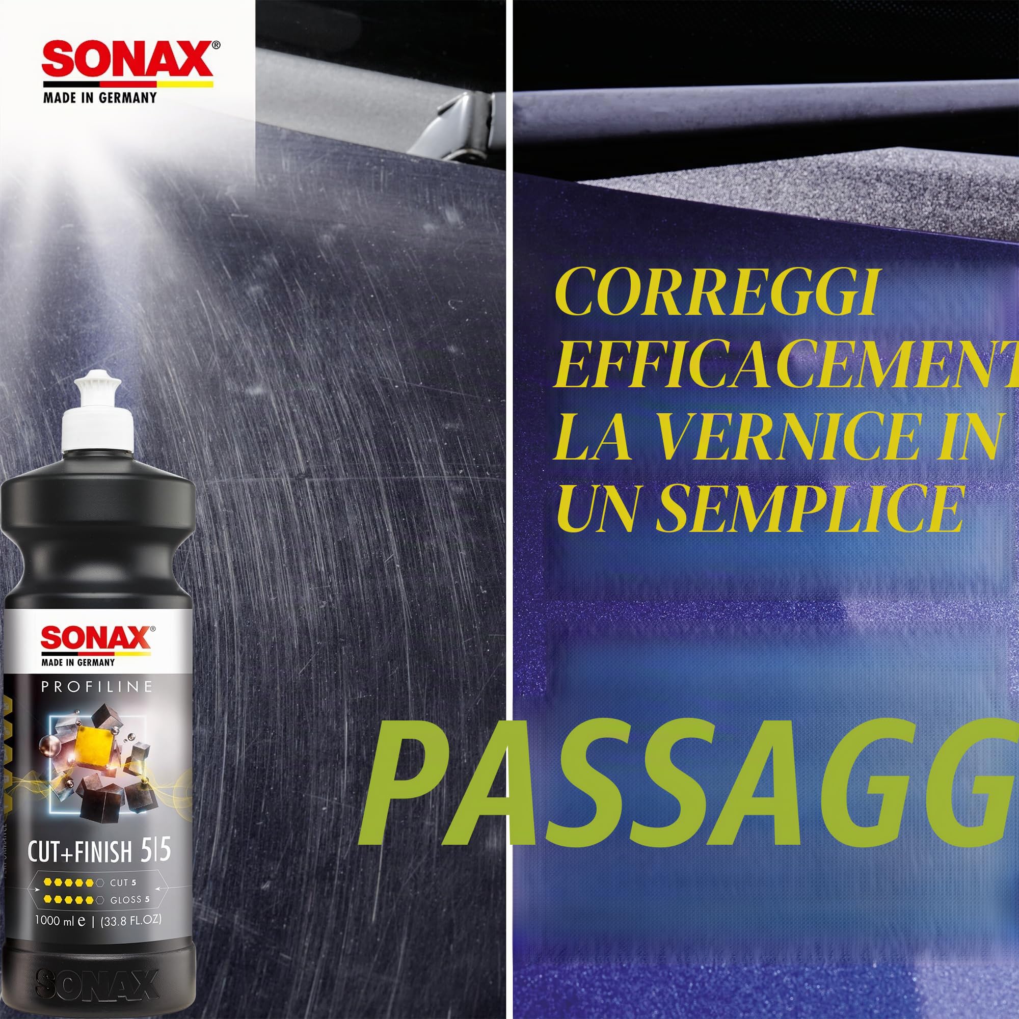 SONAX PROFILINE Cut+Finish (250 ml) offre una lucidatura rapida e pulita, con finitura brillante per graffi di media entità | Art. N. 02251410