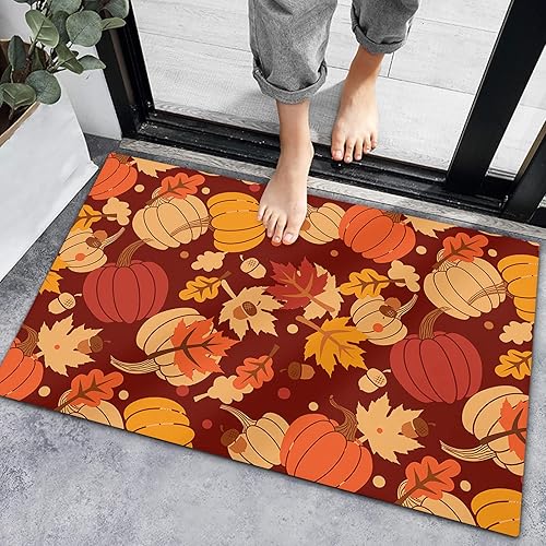 Bath Rugs Entrance Non Slip Front Door Mat Thanksgiving Fall Maple Leaf Pumpkin Pine Cones Kitchen Carpets Autumn Harvest Floor Mats for Bathroom