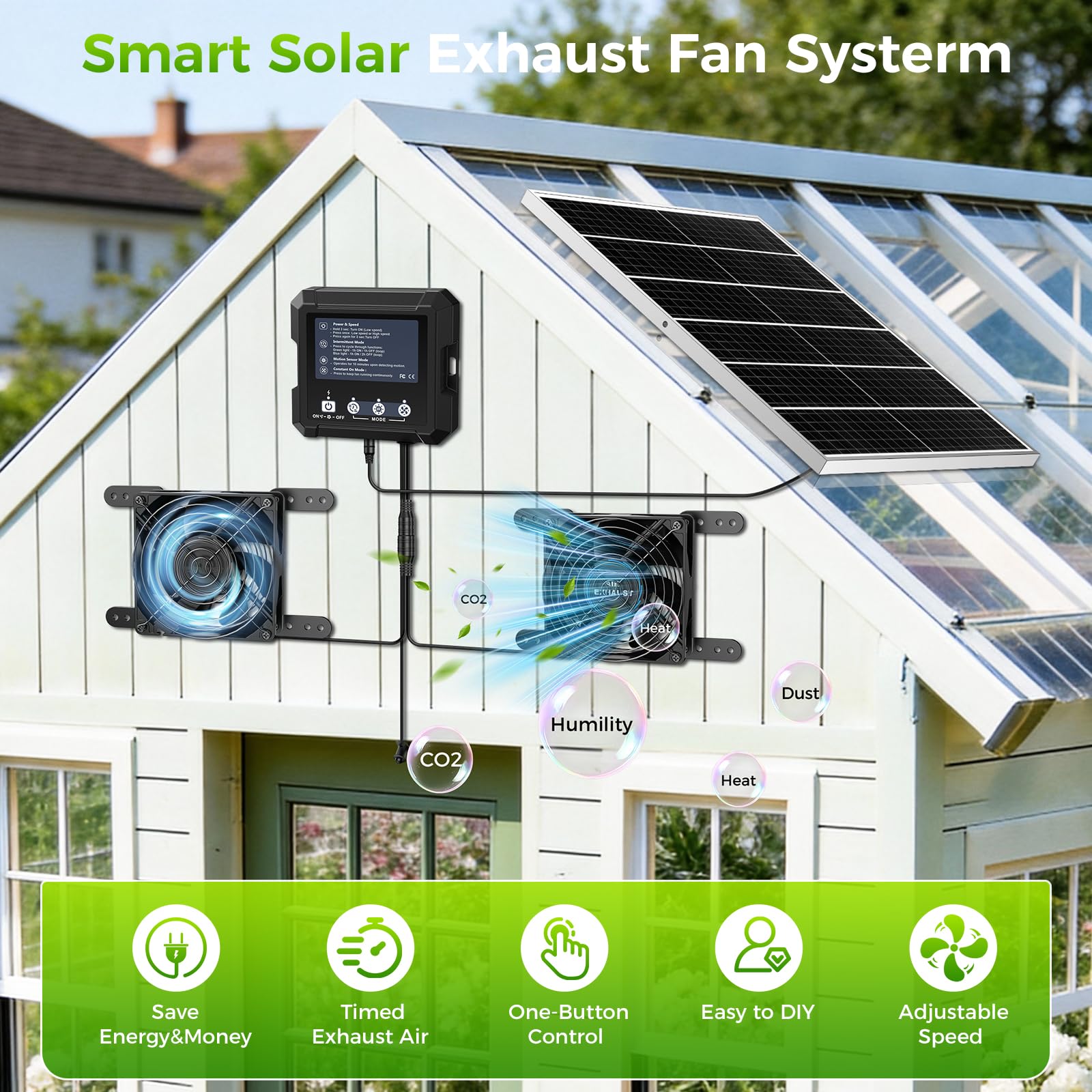 Ventilador inteligente de 25 W para gallinero con batería, ventilador de escape solar de invernadero con 3 modos (sensor de movimiento/continuo/temporizador) para ventilación de cobertizo