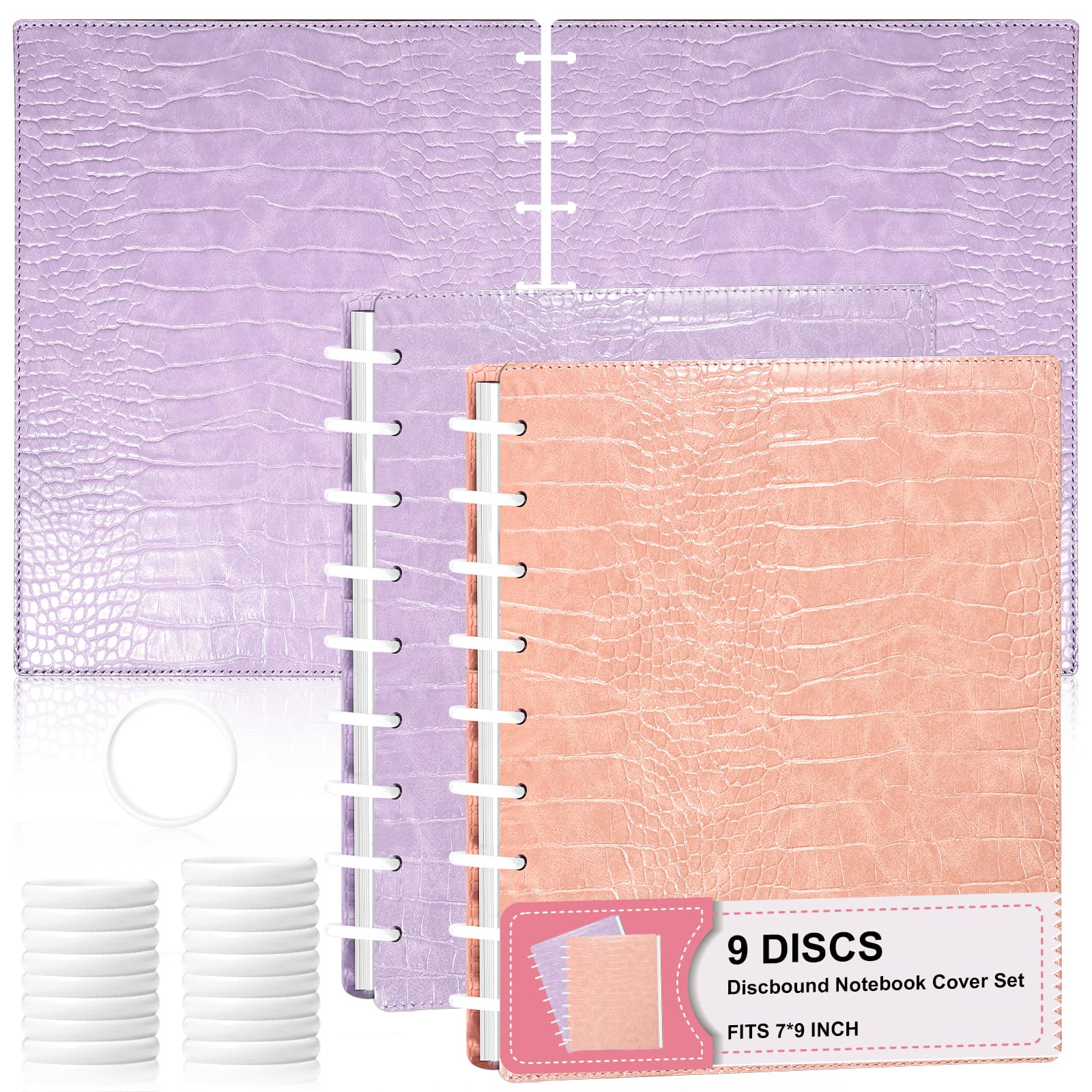 2 Pack Pu Leather 7X9.25 In Discbound Notebook Cover And Disc Set Discbound Planner Cover With 18 Pcs Expansion Discs 9-Disc Discbound Refill Paper Disc Bound Notebook Accessories(Pink+Purple)