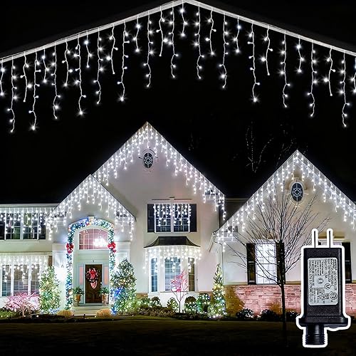 Miniatura 10 de Luces de Navidad de carámbano para exteriores - 200 LED 6.4+4.9 m 8 modos, cortina de luces de hadas en forma de guirnalda, enchufables, Blanco