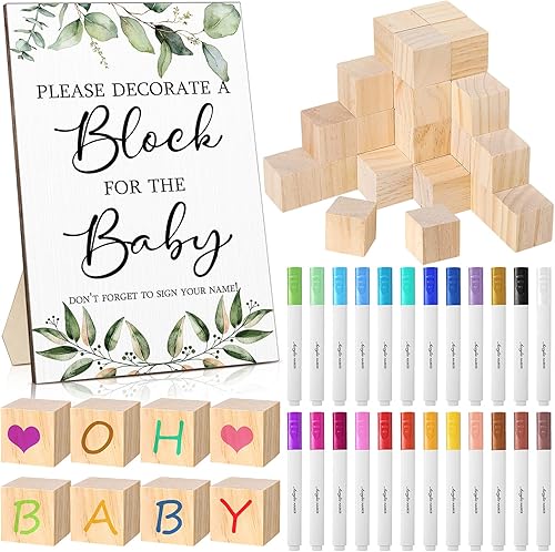 Tatuo Kit de 75 juegos de decoración de bloque para baby shower, incluye letrero de juego de decorar un bloque, 50 bloques de madera de bricolaje,