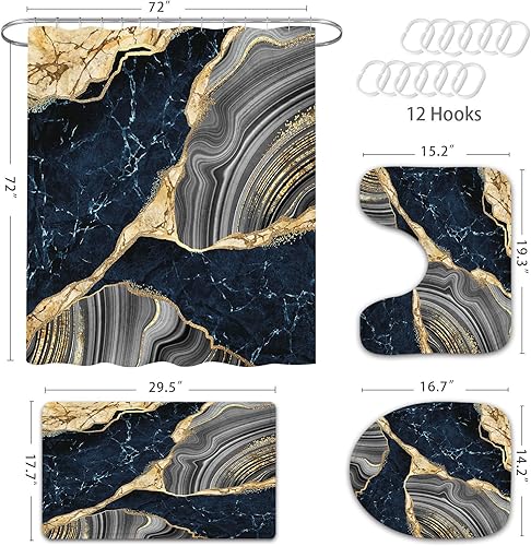 Miniatura 6 de Gibelle Juego de 4 cortinas de ducha de mármol con alfombras antideslizantes, cubierta para tapa de inodoro y tapete de baño, juego de decoración de