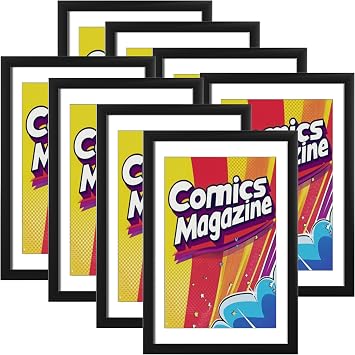 eletecpro Comic Book Frame, 8 Pack 8x12 Picture Magazine Frames with Black White Double-sided Mat, Fits Current Single Comic Book up to 6 3/4" x 10 1/4", Wall Mount or Tabletop Display, Black