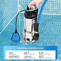 Vista 4 de FLUENTPOWER Bomba de sumidero de acero inoxidable de 1HP de 4000 GPH, bomba sumergible de acero inoxidable, drenaje de agua sucia para sótano
