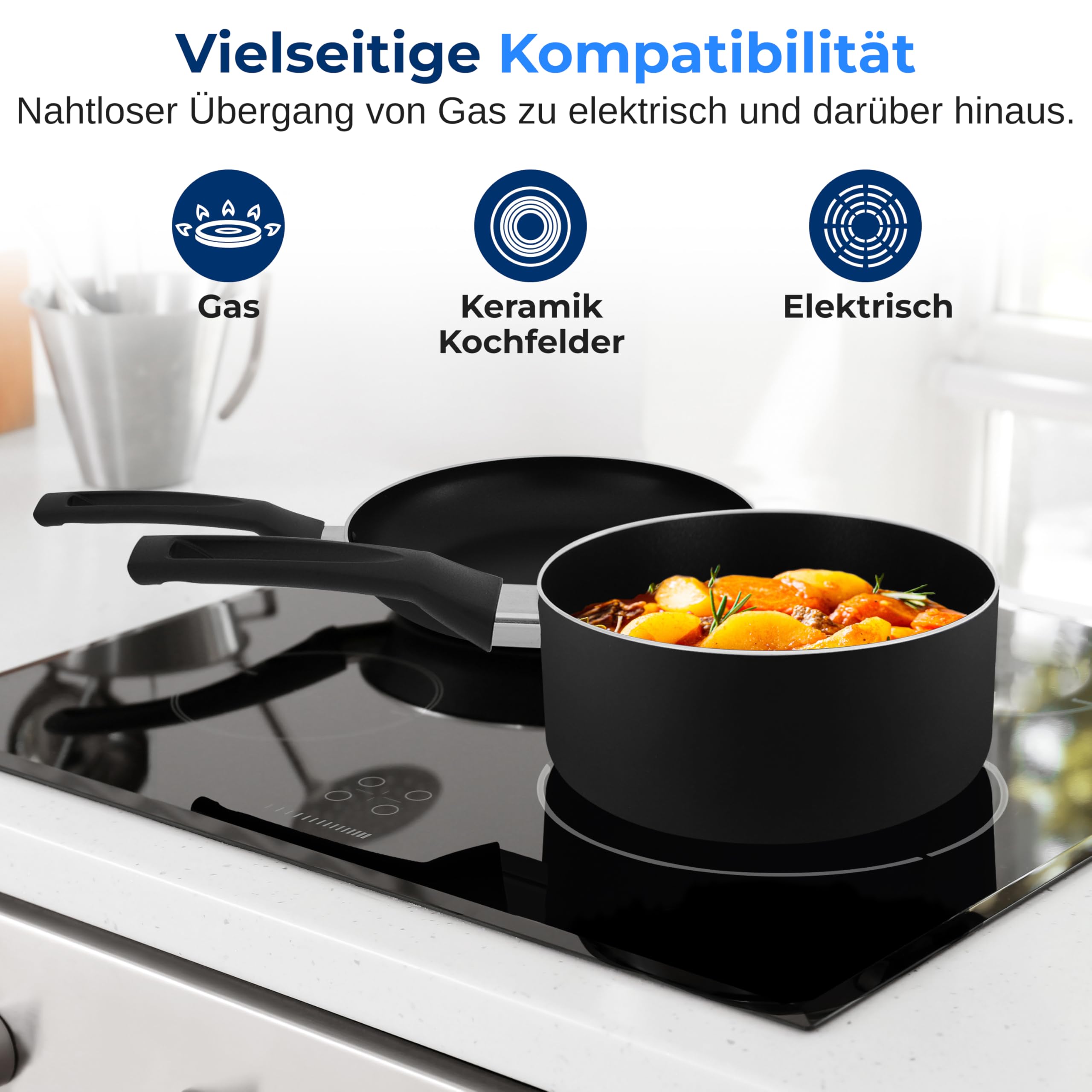 SereneLife Töpfe & Pfannen, 11 teiliges Kochgeschirr Set, Antihaftbeschichtet, Inklusive Küchenzubehör, Für Gas-, Elektro- & Keramikherde, PFOA/PFOS-frei, Schwarz