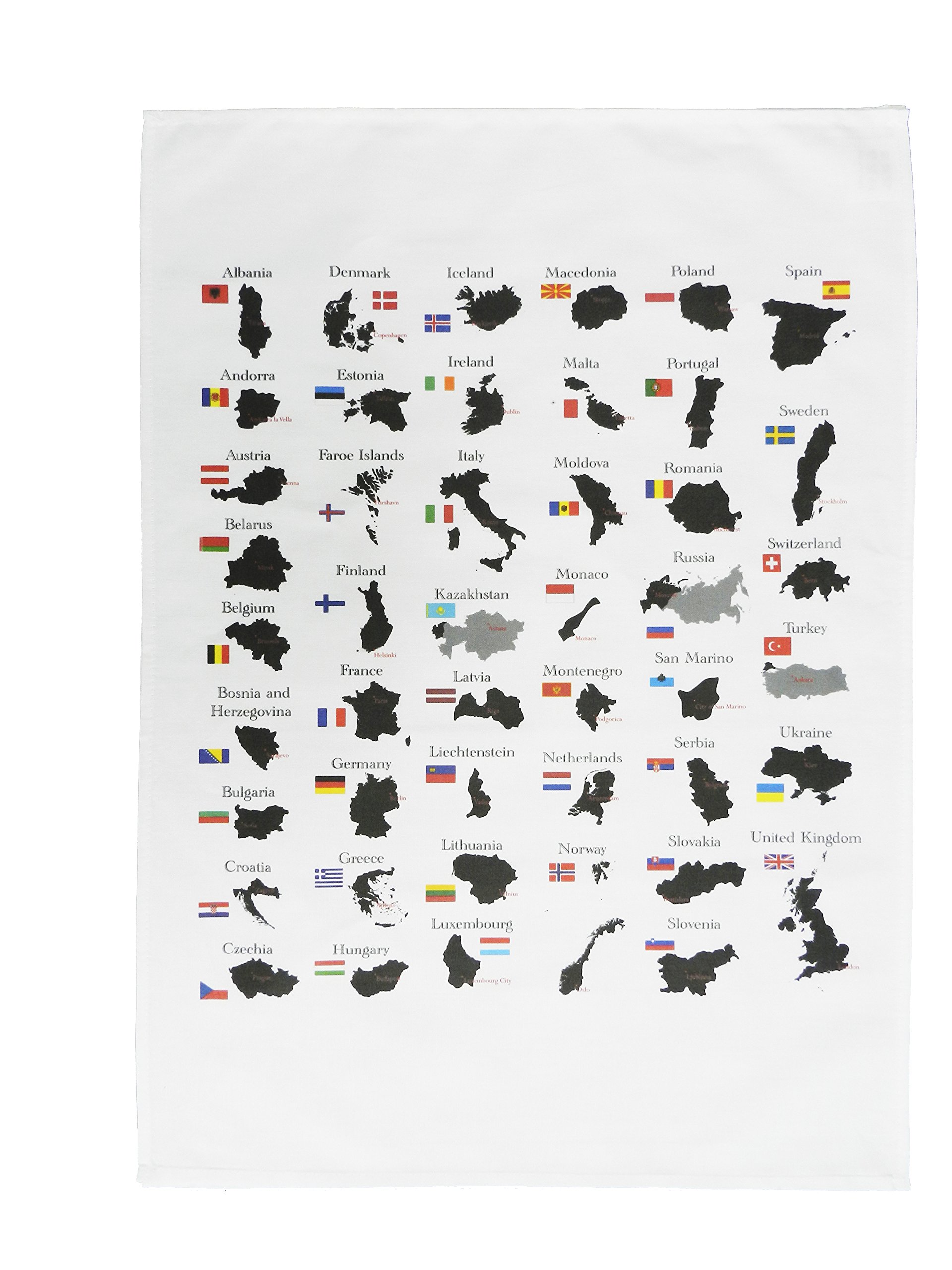 Half A Donkey White Countries Of Europe With Borders, Flags And Capitals - Educational Cotton Tea Towel